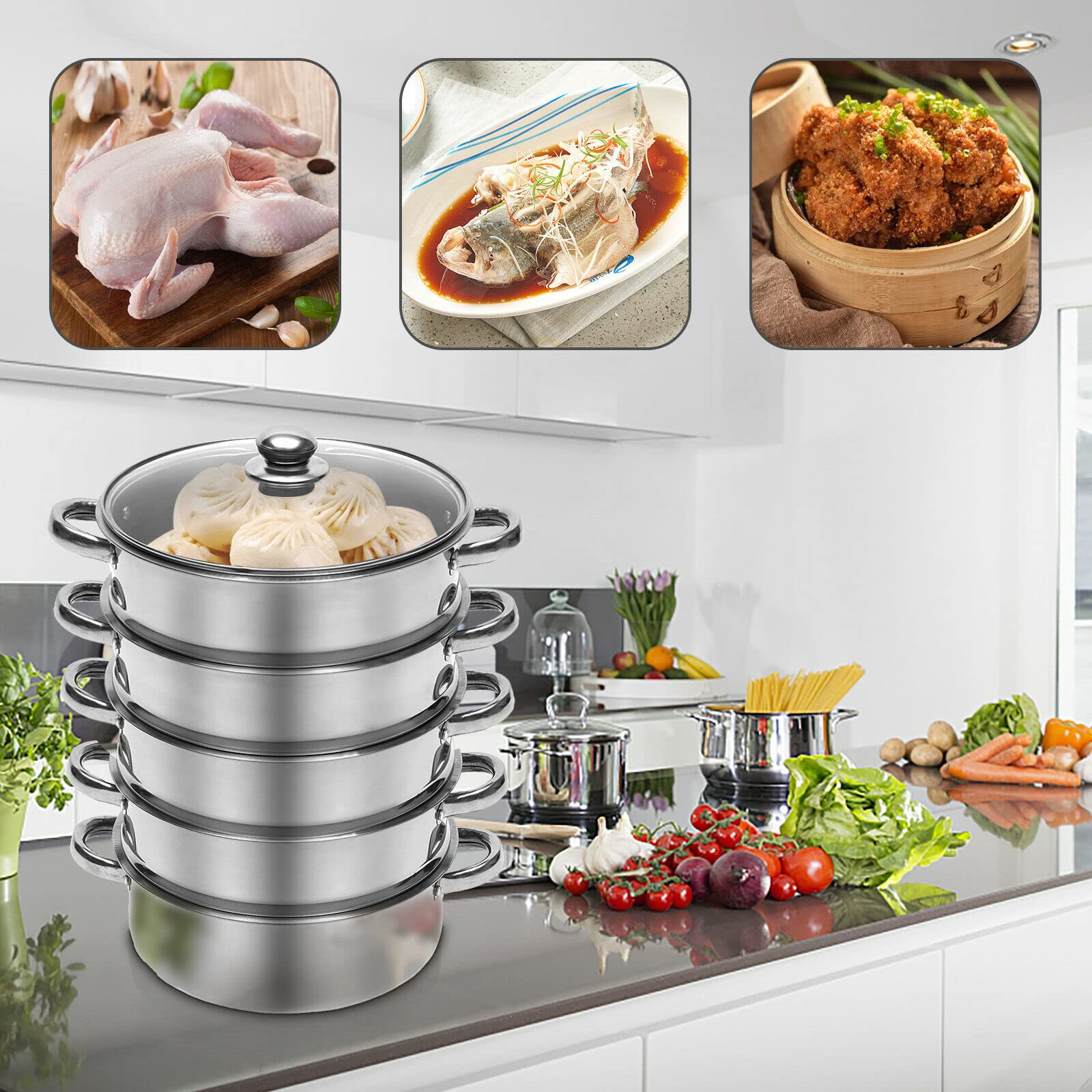Vaporizador multiusos de acero inoxidable de 5 niveles para cocinar más rápido, tapa de vidrio, cocina varias comidas simultáneamente, ahorra tiempo, perfecto para cocinar saludable