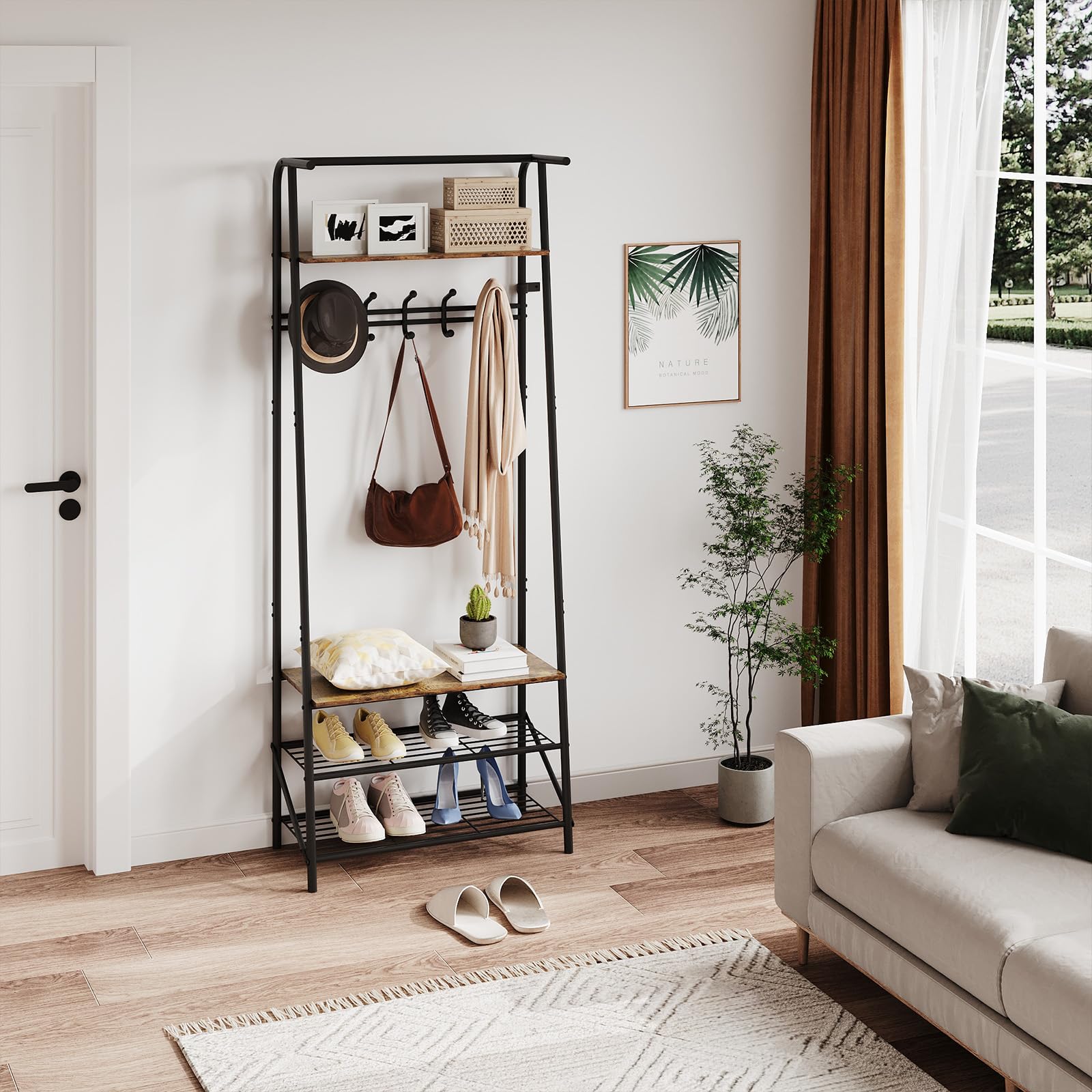 Aptliton Brown Multifunctional Hall Tree Coat Rack With Shoe Storage, 5 Single Row Hooks (60Cm Width), Hallway Storage Organizer, Wood Look Accent Furniture With Metal Frame, Ideal For Entryway