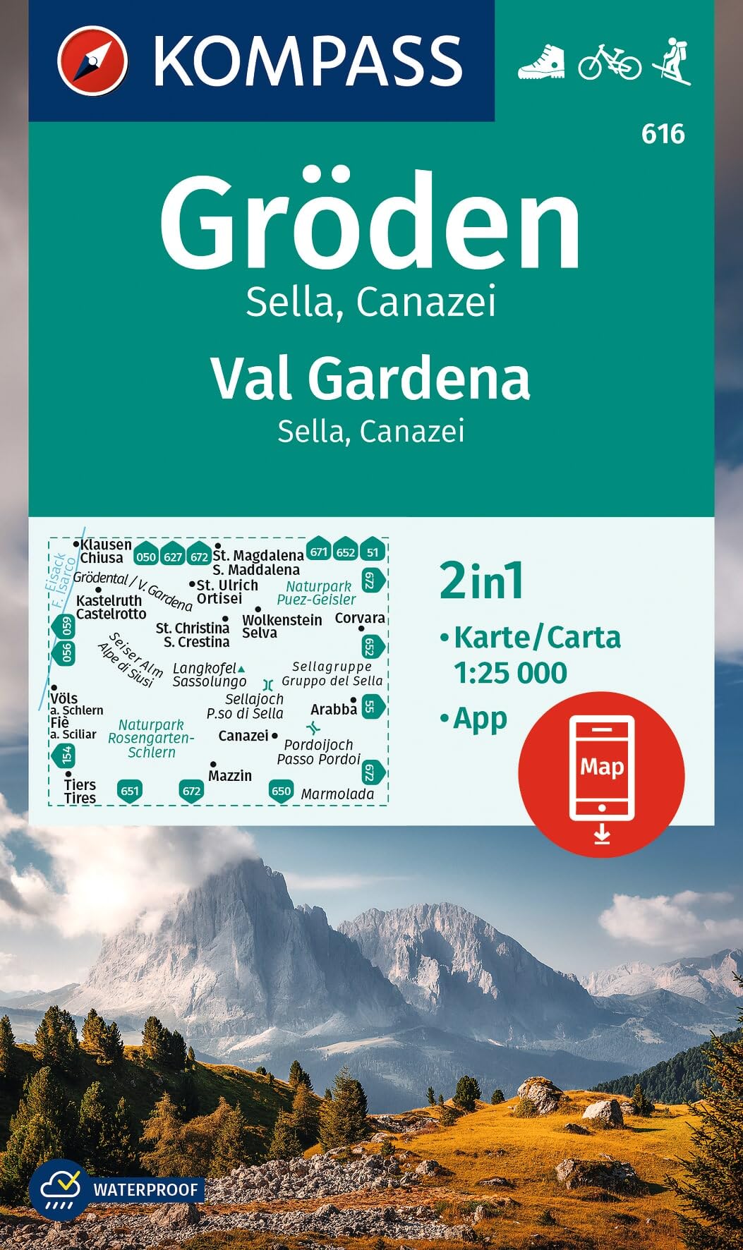 Gröden / Val Gardena / Sella / Canazei D/I (616): markierte Wanderwege, Hütten, Radrouten