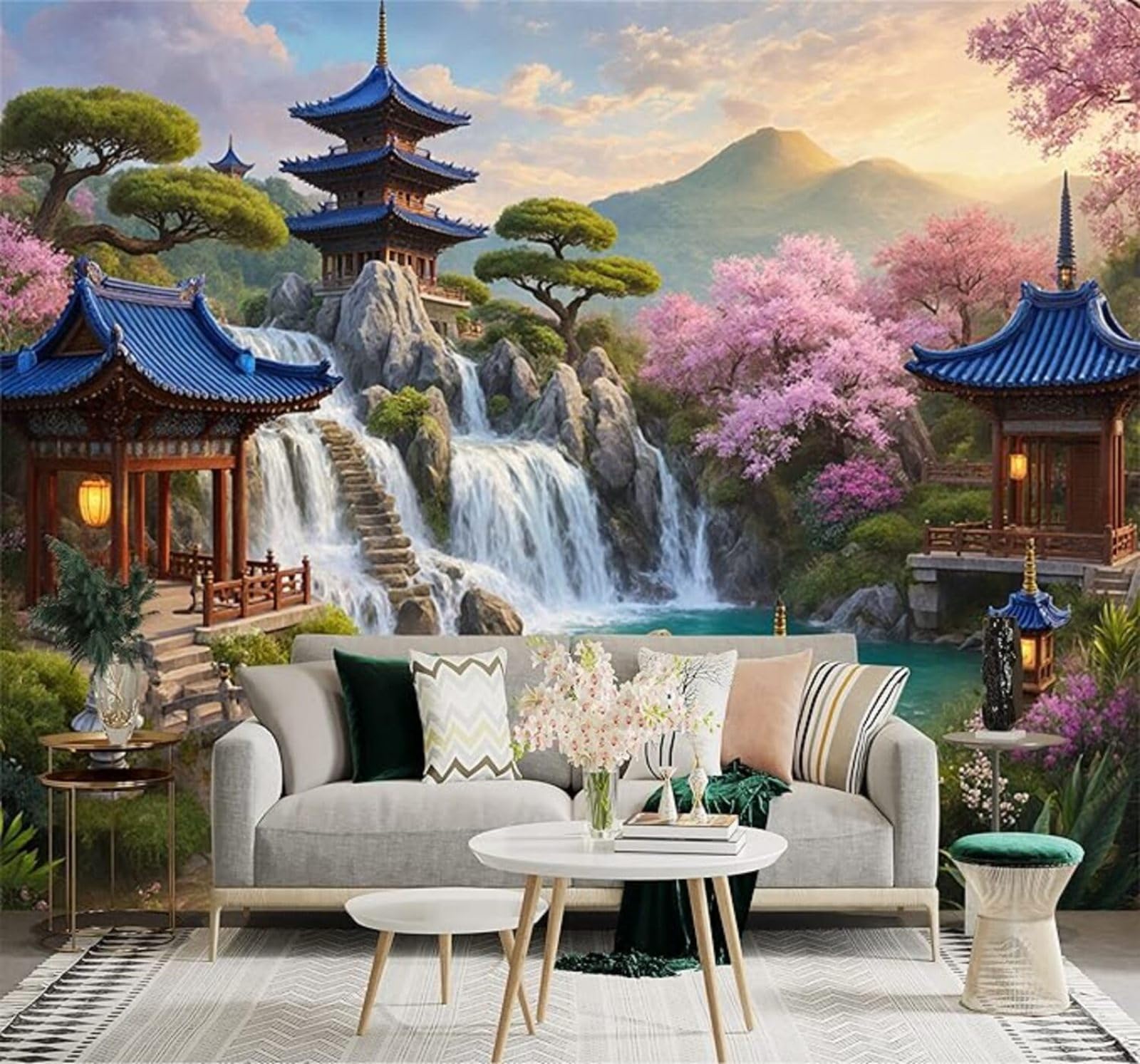 XLMING Beautiful Gardens Pagodas Waterfalls Cherry Blossoms 3D Wallpaper Premium Textured Silk Study Dining Living Room Bedroom Sofa TV Wall Easy Install-430cm×300cm