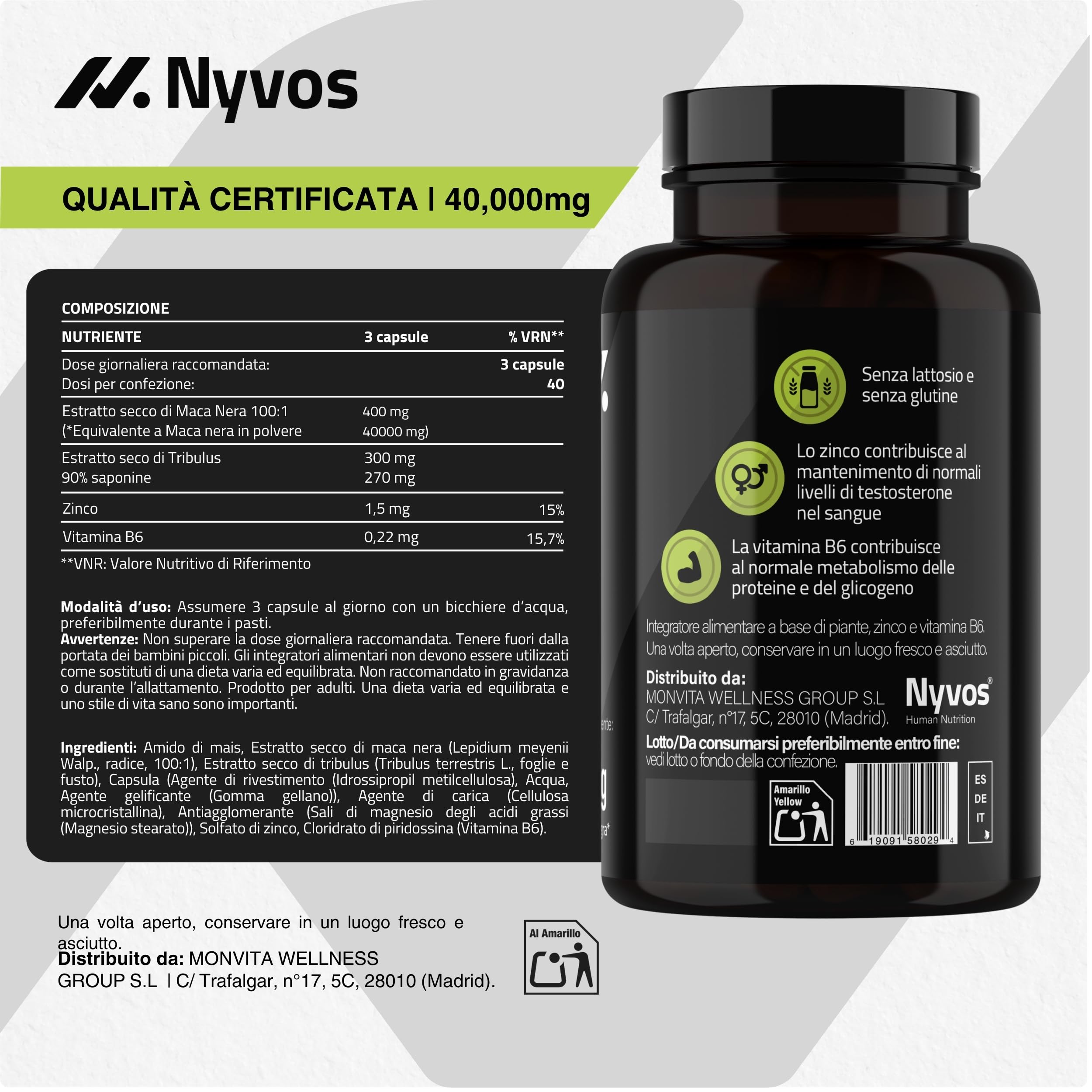 Tribulus Terrestris 90% Saponine + Maca Nera 40.000 mg – con Zinco e Vitamina B6 – 120 Capsule Vegane – Nyvos