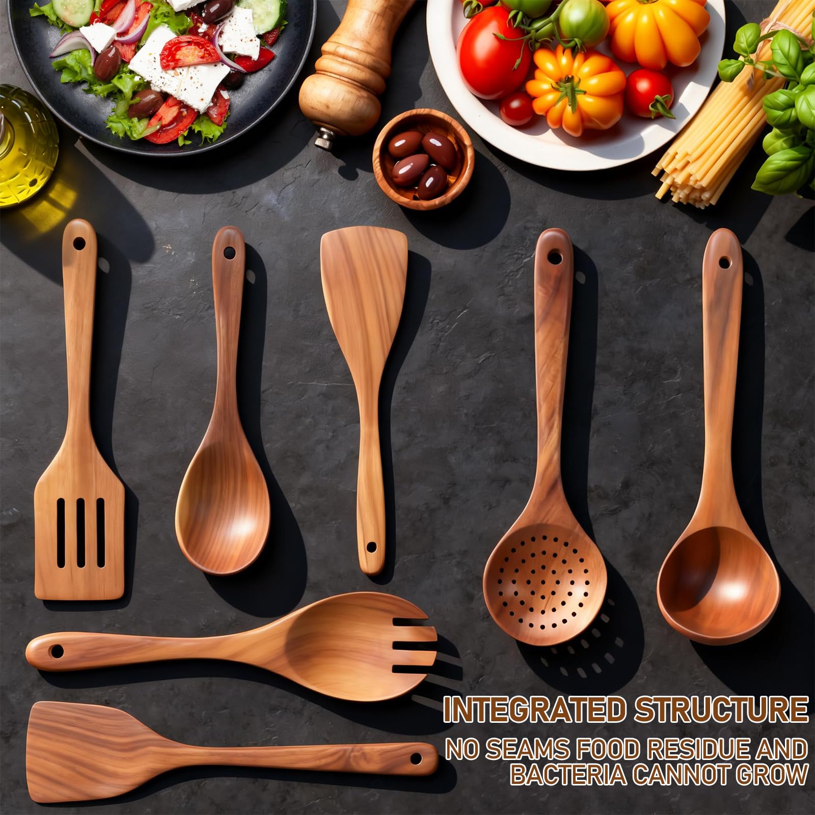 9er Set Kochlöffel Holz Set aus Teakholz mit Halter Pfannenwender Holz und Schöpflöffel Küchenutensilien für Antihaftpfannen Hitzebeständig Robustes Kochbesteck Unikat Naturholz Braun