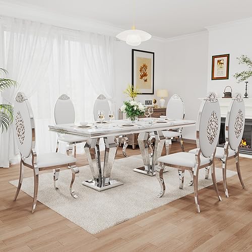 Miniatura 39 de Juego de comedor de lujo de 7 piezas, mesa de comedor moderna y sillas tapizadas, juego de mesa de cocina de mármol para 6, juego de mesas de