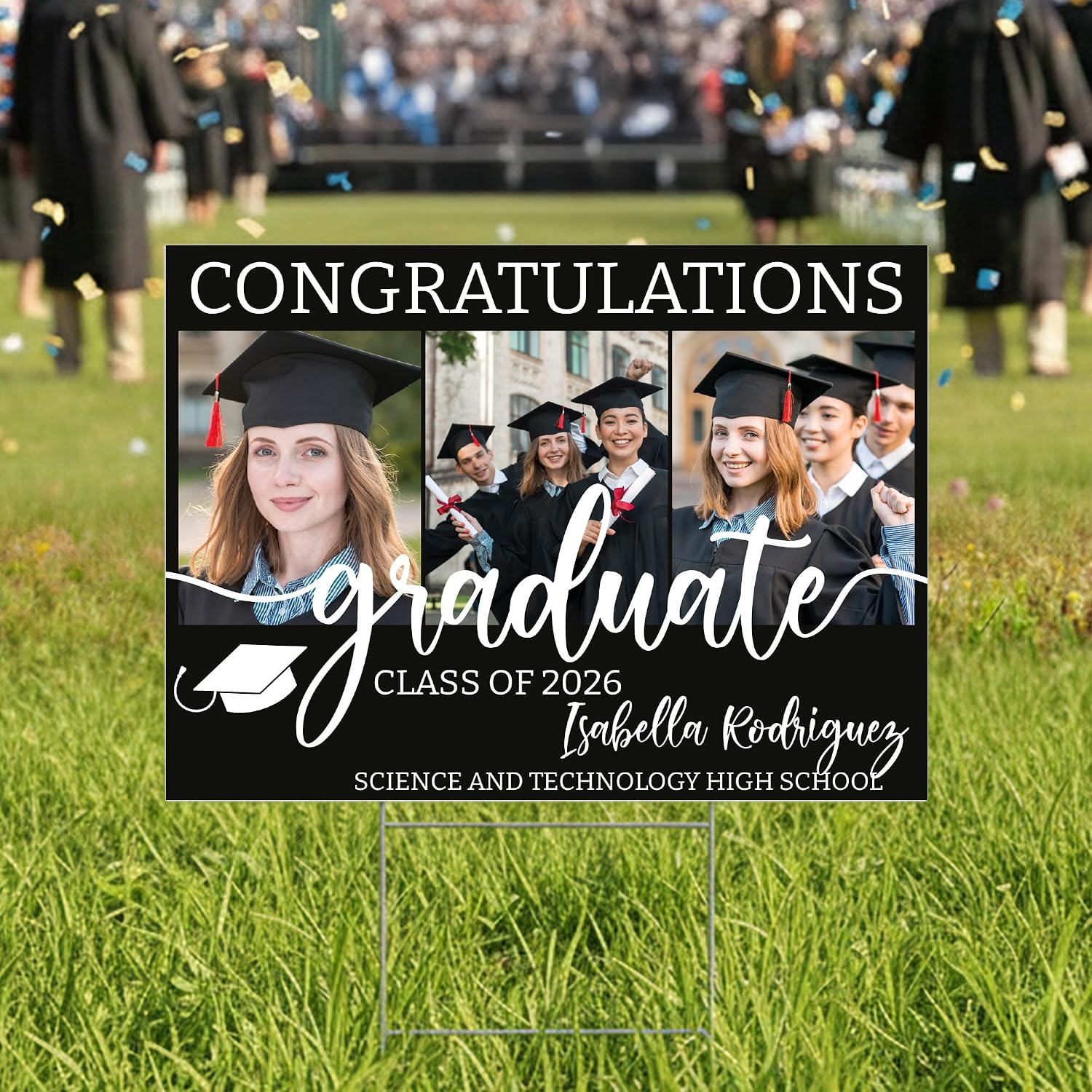 Custom 3-Photo Collage Graduation Yard Sign Class of 2026 - Personalized Picture Upload with Name & School - Dark Green Multi-Image Design - Weatherproof Outdoor Lawn Decor