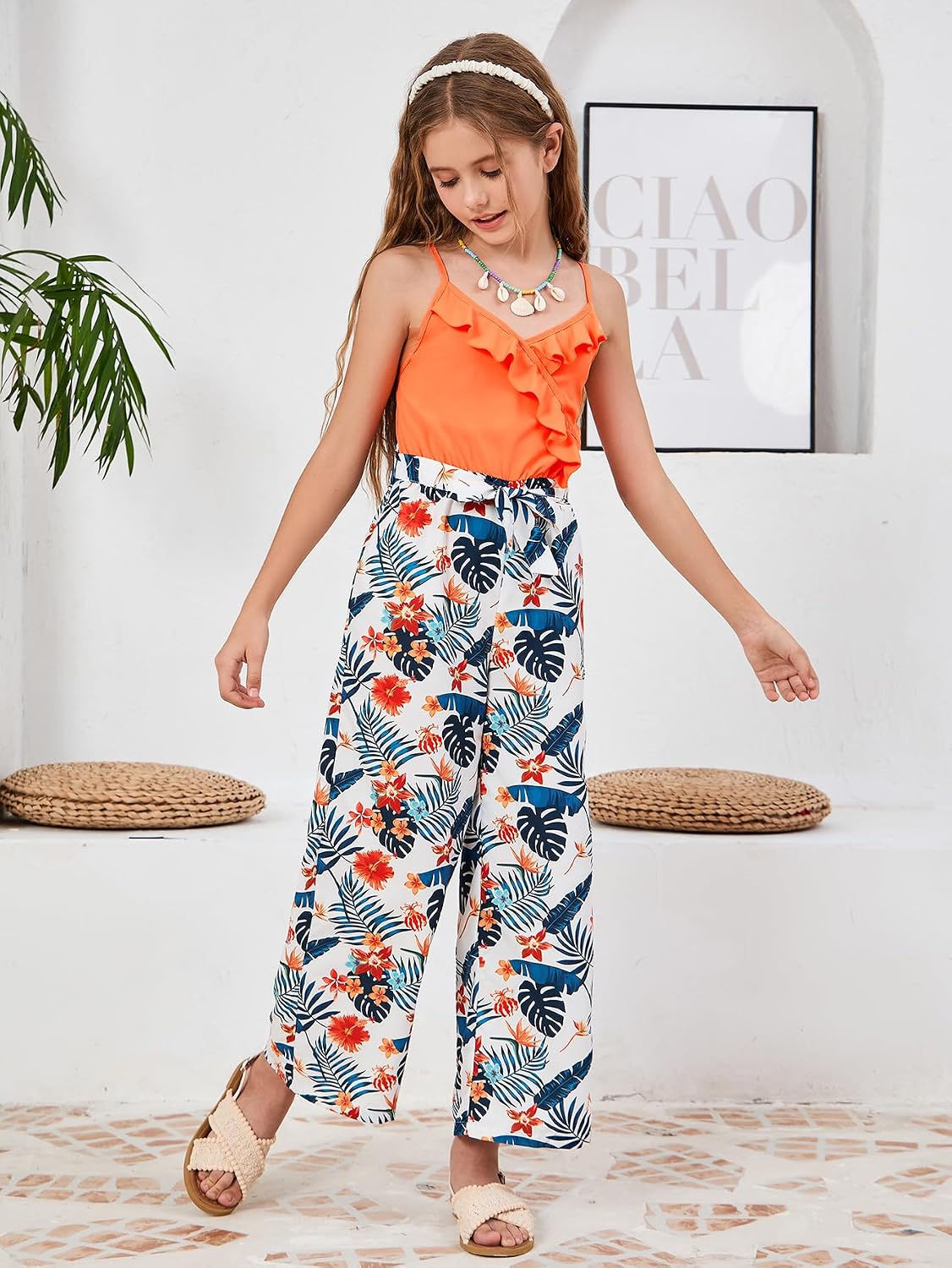 WDIRARA Girl's Tropical Print Ruffle Trim Wrap Front V Neck High Waist Belted Cami Jumpsuit Sleeveless Long Romper