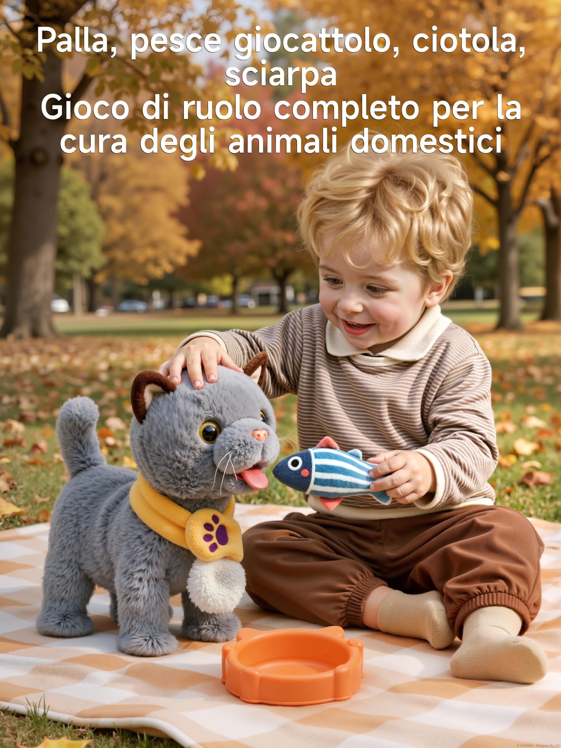 TUMAMA KIDS Giocattolo interattivo per bambini con 6 musiche, peluche gattino con telecomando e guinzaglio che corre e abbaia, peluche elettronico gattino a partire dai 2 anni - camminare, miagola
