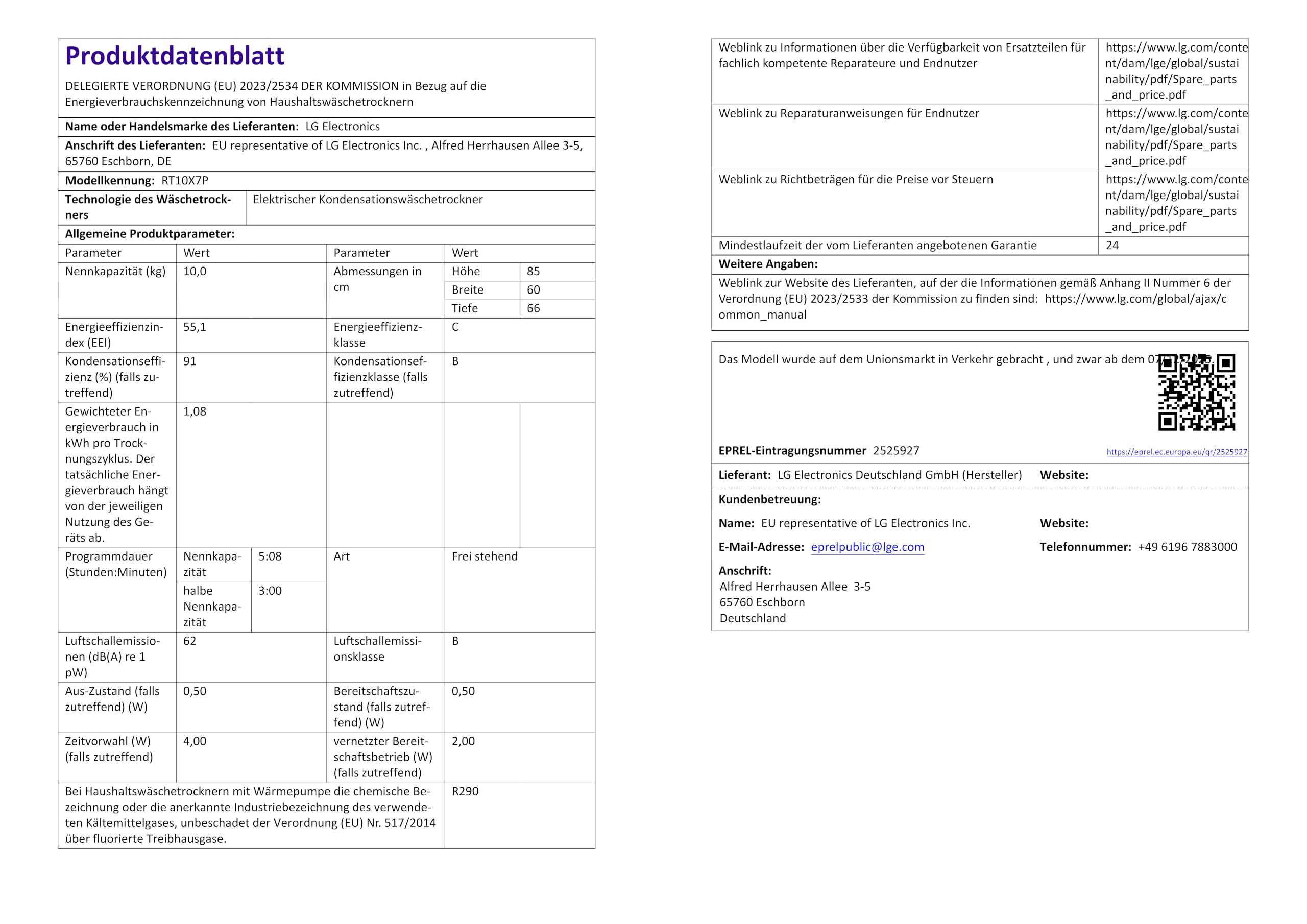 LG RT10X7P Wärmepumpen-Trockner (10 kg, Energieklasse C) mit AI Dry, TurboDry, selbstreinigendem Kondensator und ThinQ, Weiß