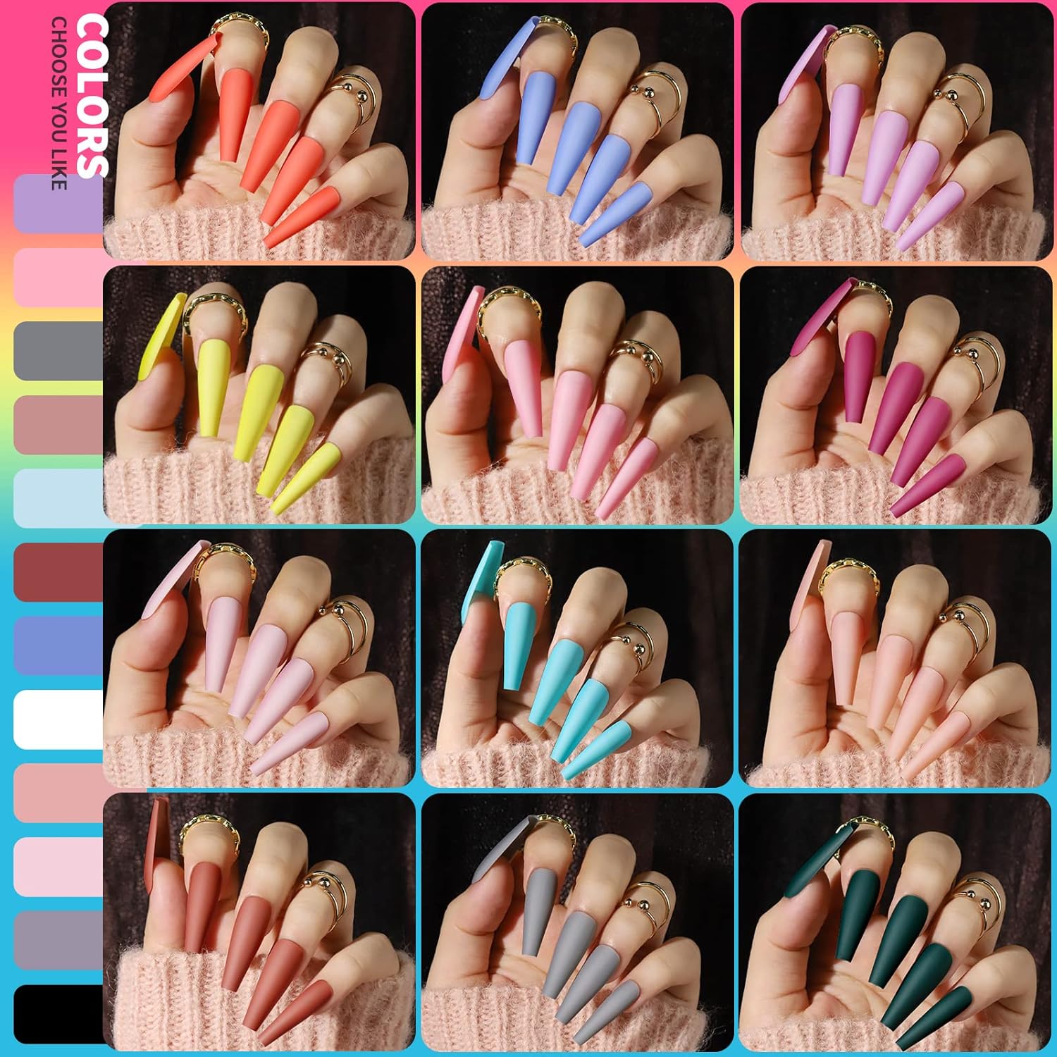 Teenitor Long Press On Nails Kit 24 Color Long Coffin Nail Tips Full Cover. 576pcs Long Coffin Press On Nails Fake Nails. Matte Nails Glue On Nails