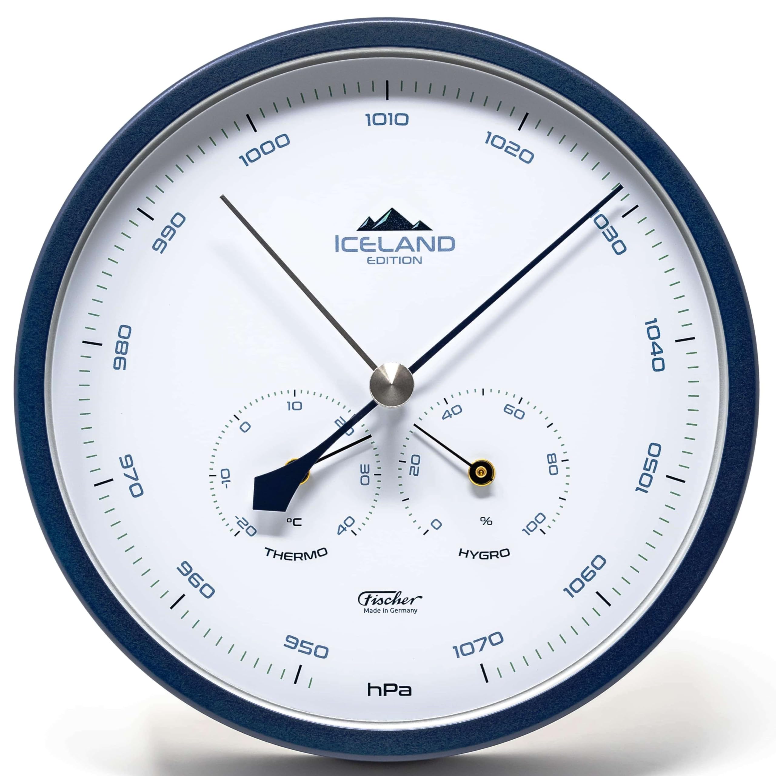 Fischer 1602-15, Wetterstation, Glas, Edelstahl | Barometer mit Thermometer und Hygrometer, Island-Edition Stahlblau, Messbereich 20-100 % r. F., Genauigkeit ± 5 % r. F.