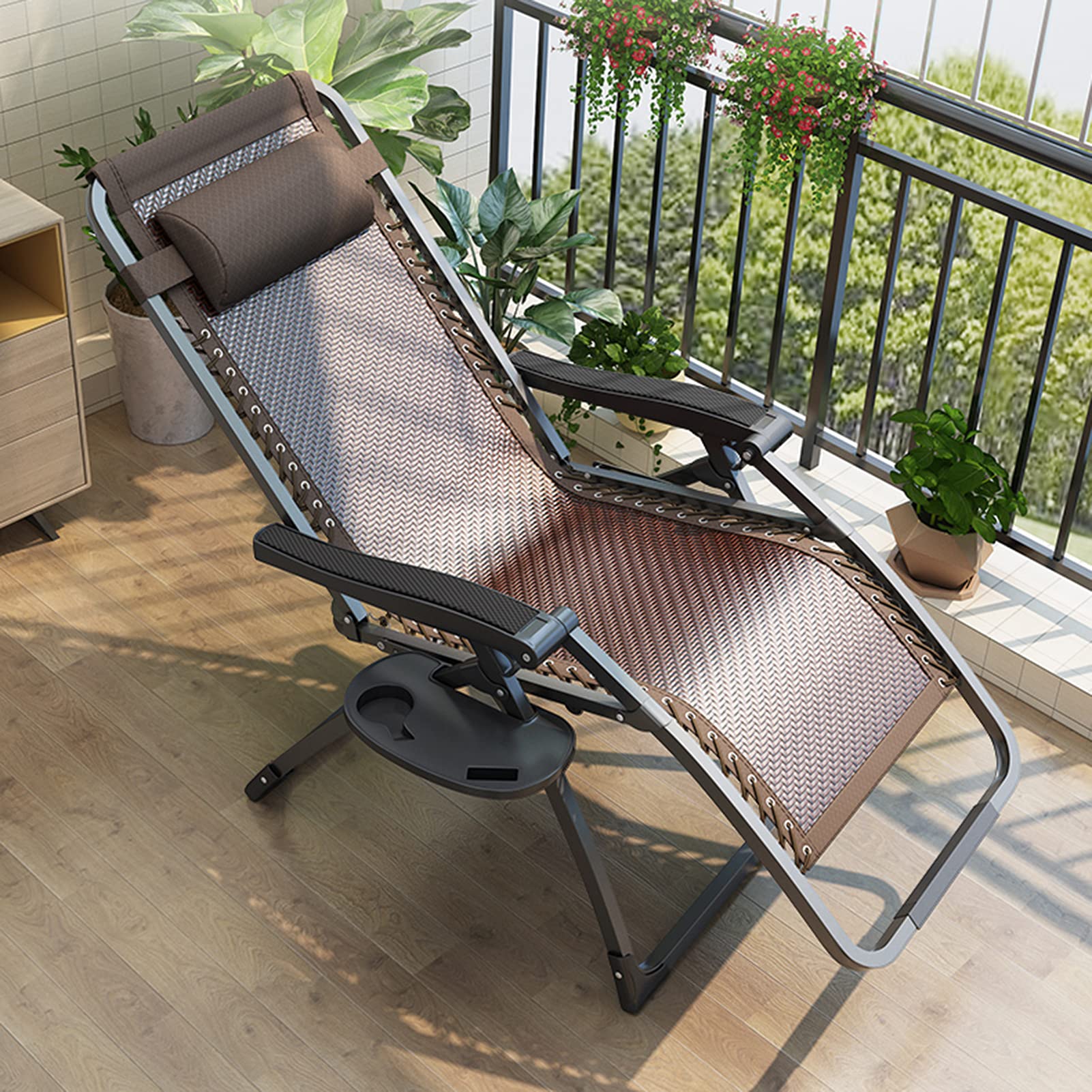 Fauteuil inclinable zéro gravité avec assise rembourrée, angle d'inclinaison réglable, fonction de verrouillage, porte-gobelet latéral et coussin, fauteuil inclinable pliable pour patio, sup