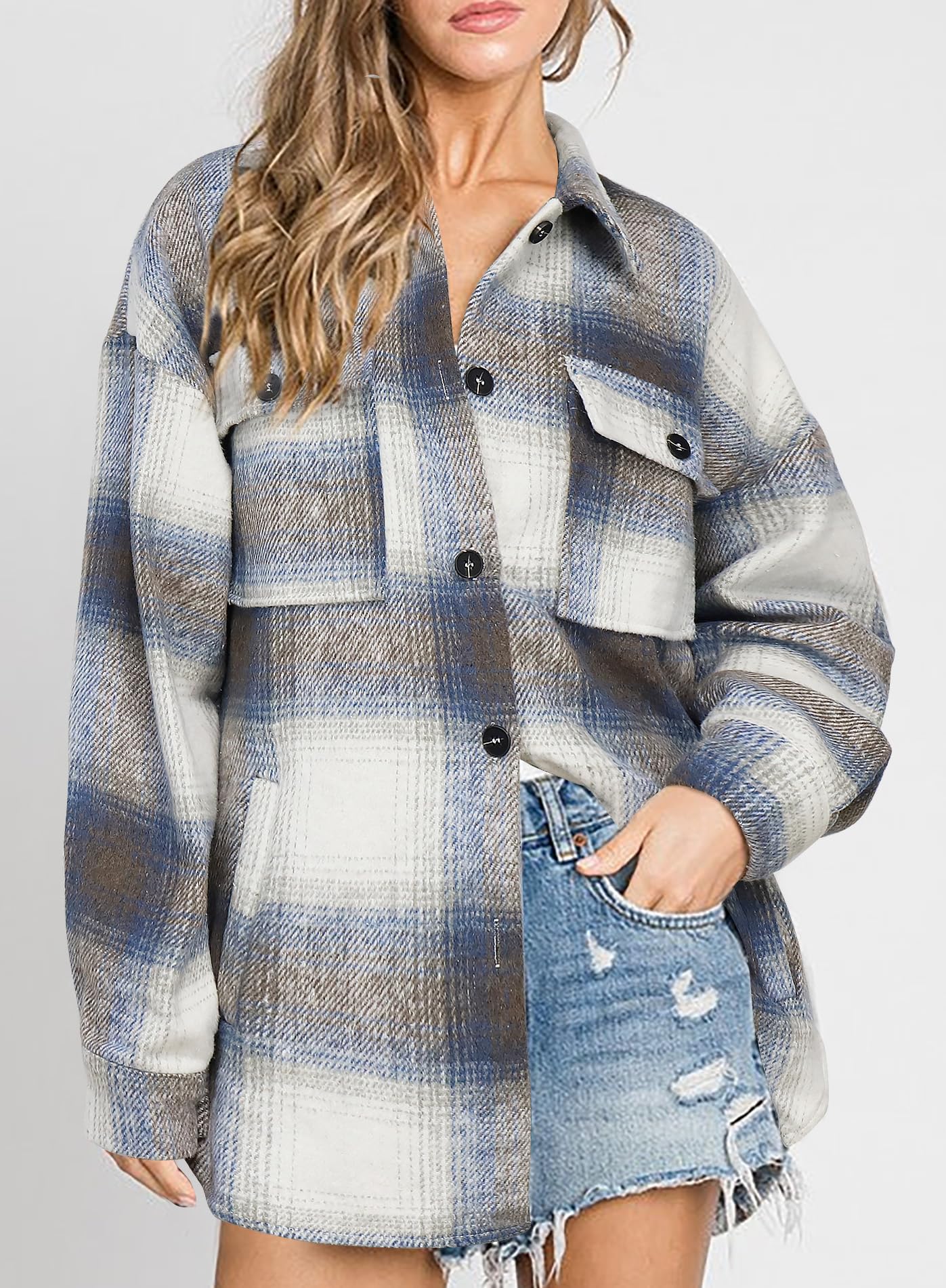 Beaully Women's Flannel Plaid Shacket Long Sleeve Button Down Shirts Jacket Coats with Side Pockets