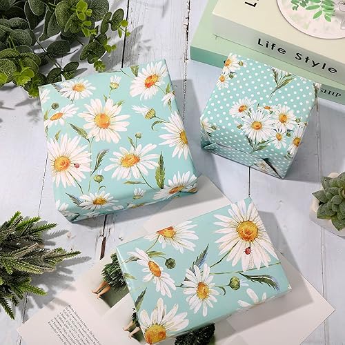 Miniatura 4 de AnyDesign - 12 hojas de papel de regalo de margaritas con diseño floral de acuarela, papel de arte decorativo a granel, plegado plano para