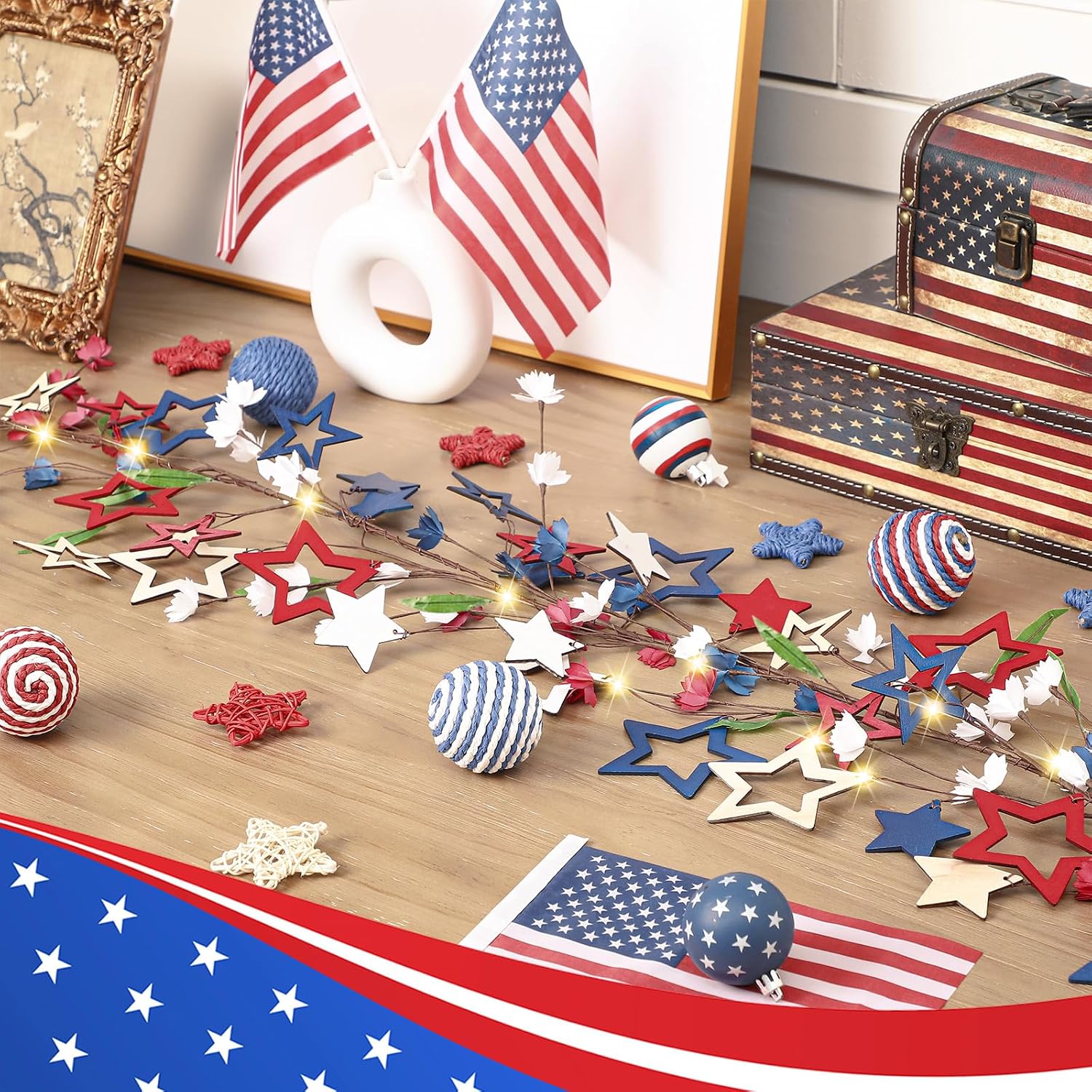 6ft 4th of July Garland 250th Anniversary Red White Blue Garland Patriotic American Lighted Vine Branches Star Ornaments and LED Twigs for Home Office Mantel Fireplace Shelf Table Decor