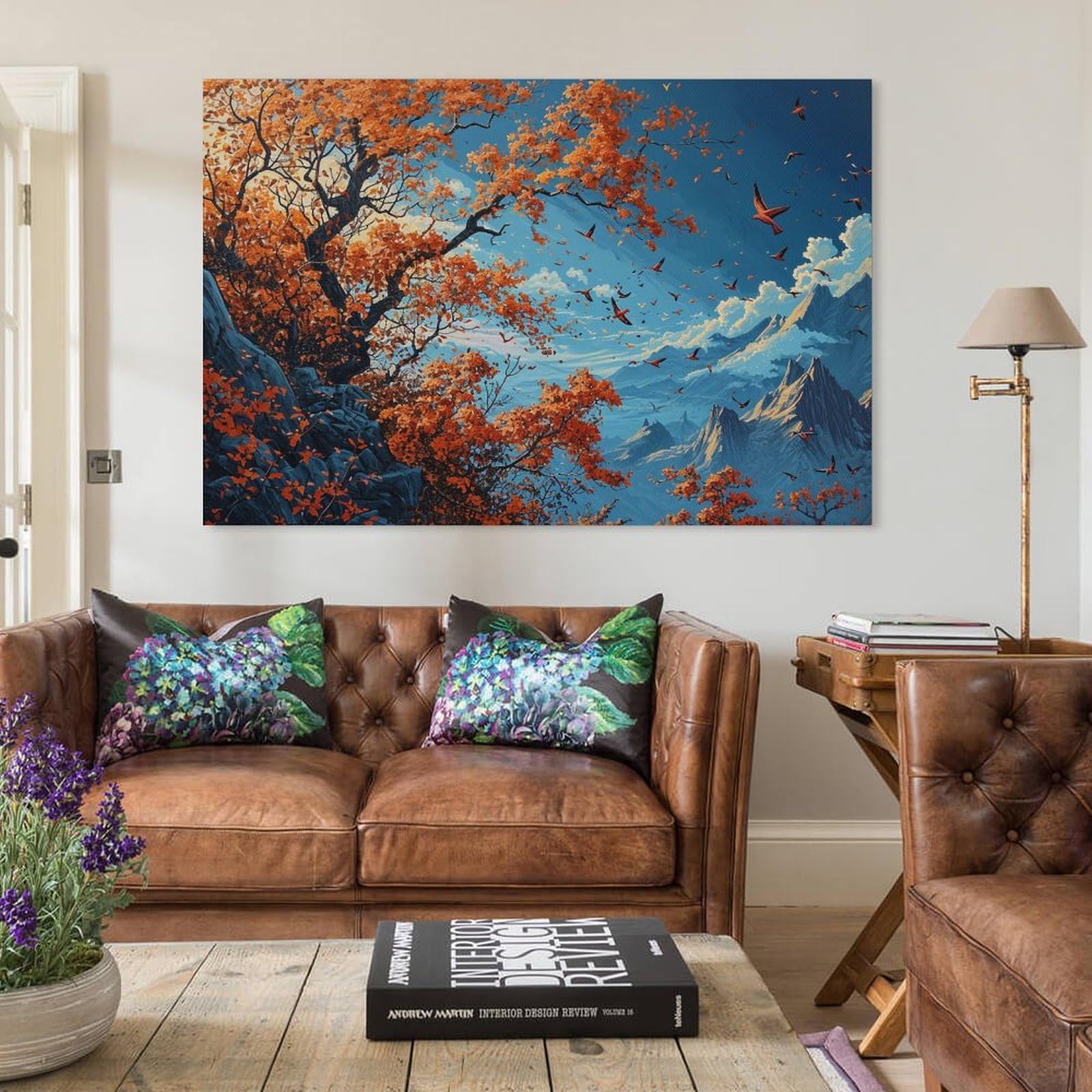 Amazon.co.jp: 絵画 山や川の紅葉の上を飛ぶ鳥の群れインテリア 絵画