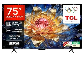 TCL 189 cm (75 Inches) 4K UHD Smart QLED Google TV | QD-Mini LED Dimming | 144Hz Refresh Rate | 3GB RAM | 42W Onkyo 2.1ch Speakers | 75T8D