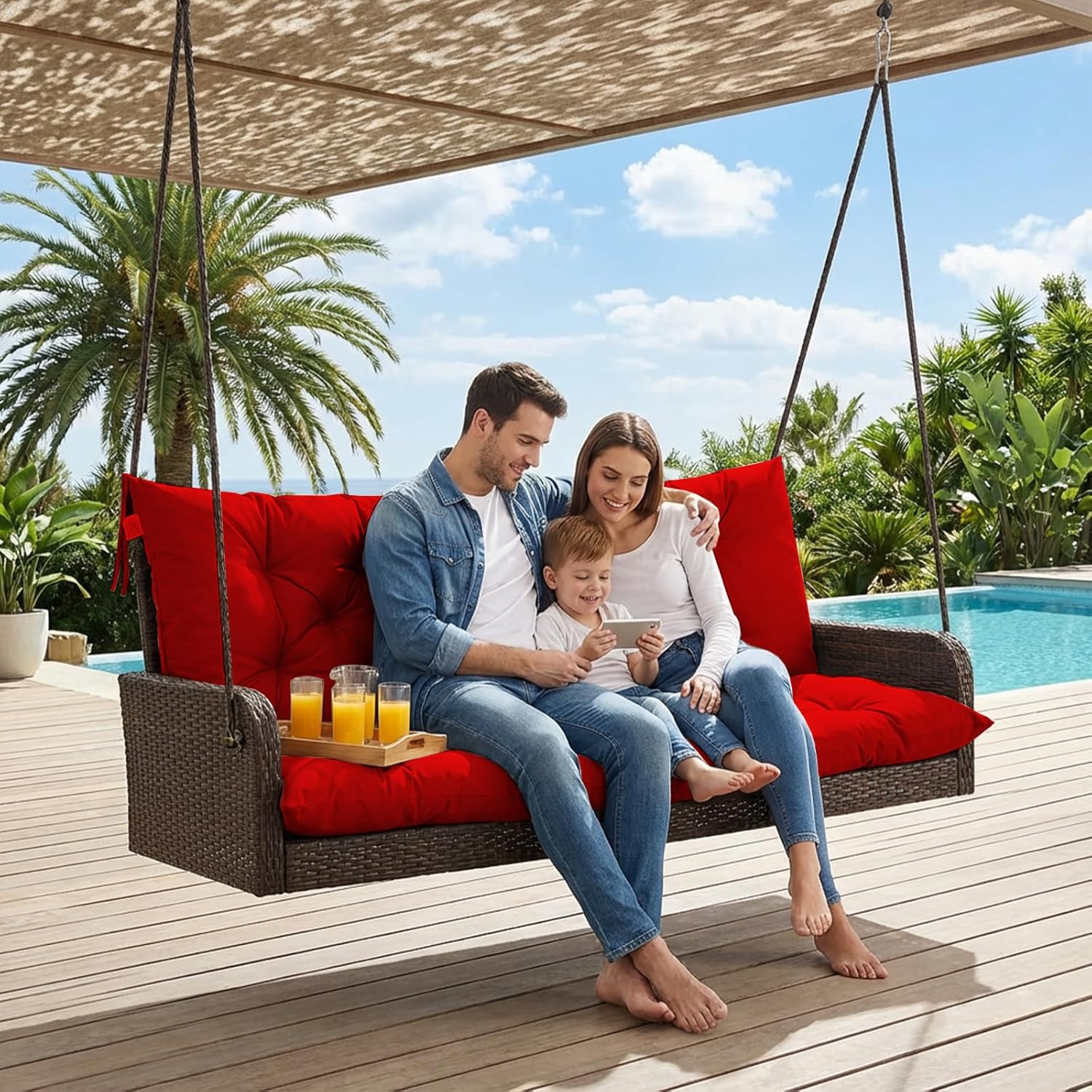 Waterproof Porch Swing Cushion Replacement, Thick 4" 2–3 Seat Outdoor Swing Seat Cushion with Backrest & Ties for Patio, Garden & Porch(Red 40 * 60 in)