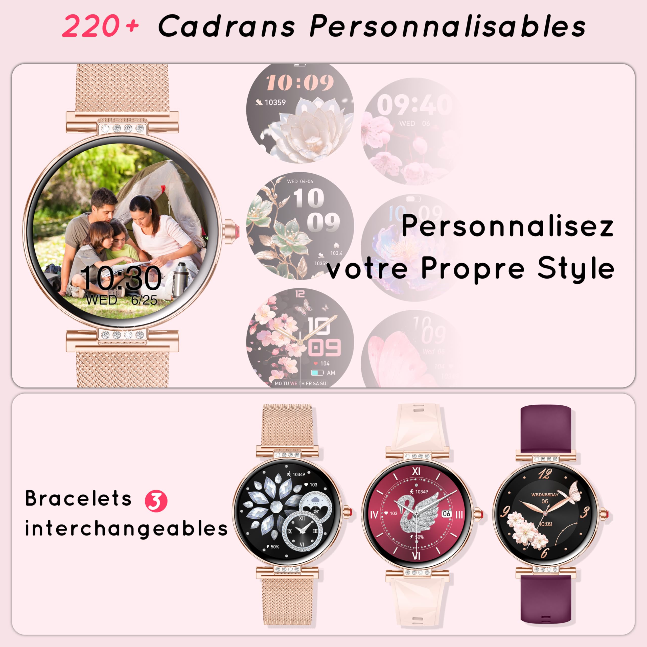 Montre Connectée Femme 1,19" AMOLED 3 Bracele Petit Poignet Appel Bluetooth | Smartwatch Fitness Podomètre ave Fréquence/SpO2/Sommeil Montre, 120+ Sport Modes Compatible Android iPhone, Or Rose