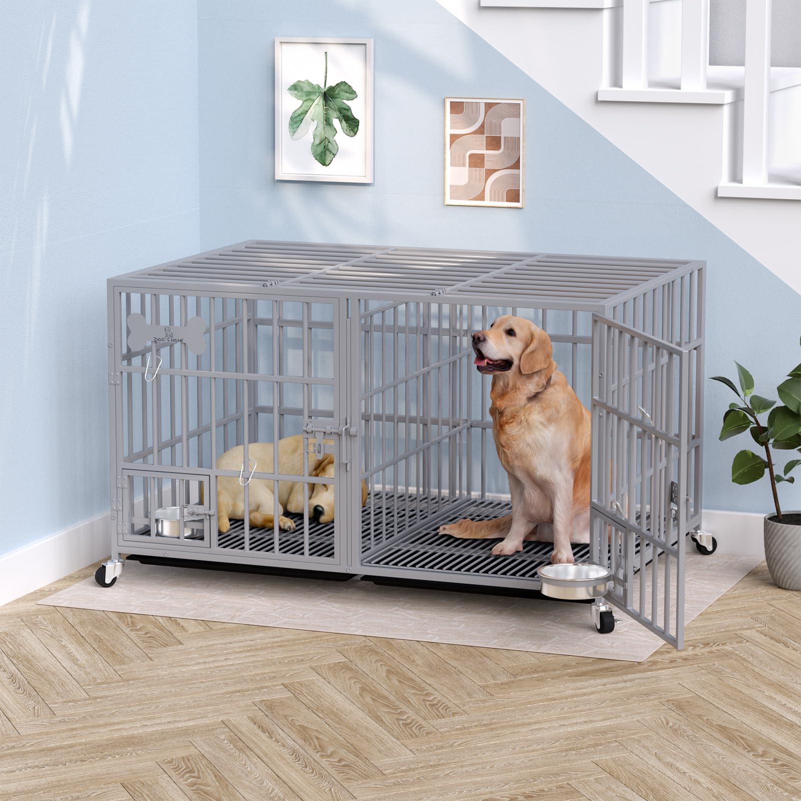 aboxoo 48/42 inch heavy duty metal dog crate for 2 dogs/large dog,all metal open top,dog kennel indoor with wheels,floor grid, tray, divider and feeding bowl (sliver)
