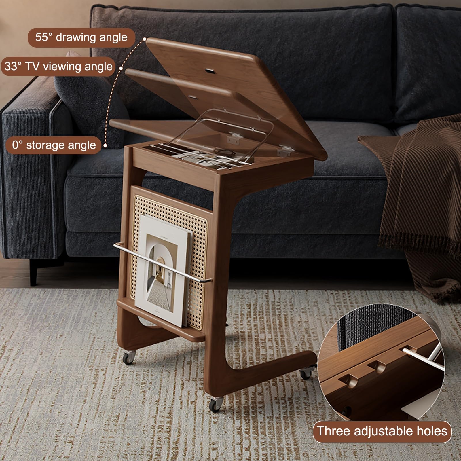 Mesa auxiliar de almacenamiento al vacío con robot móvil, mesa auxiliar en forma de C con almacenamiento reversible de robot de barrido, ideal para sala de estar, cocina y oficina