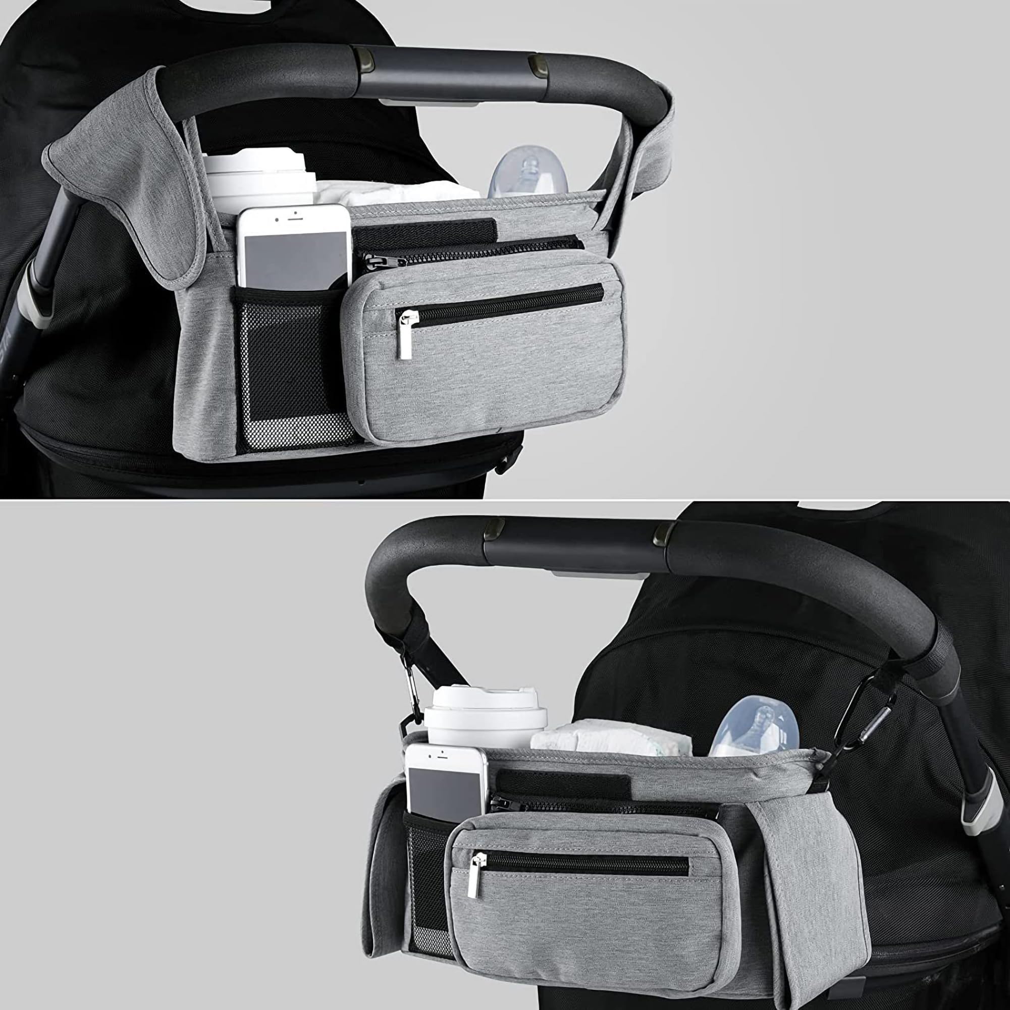 Bebamour Organizzatore per passeggino e ganci per passeggino 2PCS Borsa per carrozzina Organizzatore per passeggino Borsa di stoccaggio con tasca staccabile Tasca per cellulare Organizzatore,Grey