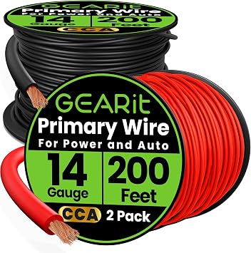 GEARit 14 Gauge Primary Wire CCA, 14 AWG Copper Clad Aluminum Power & Ground Battery Cable, 200 ft Each Black & Red Pair 400 ft Total for Automotive, Car Audio, Trailer