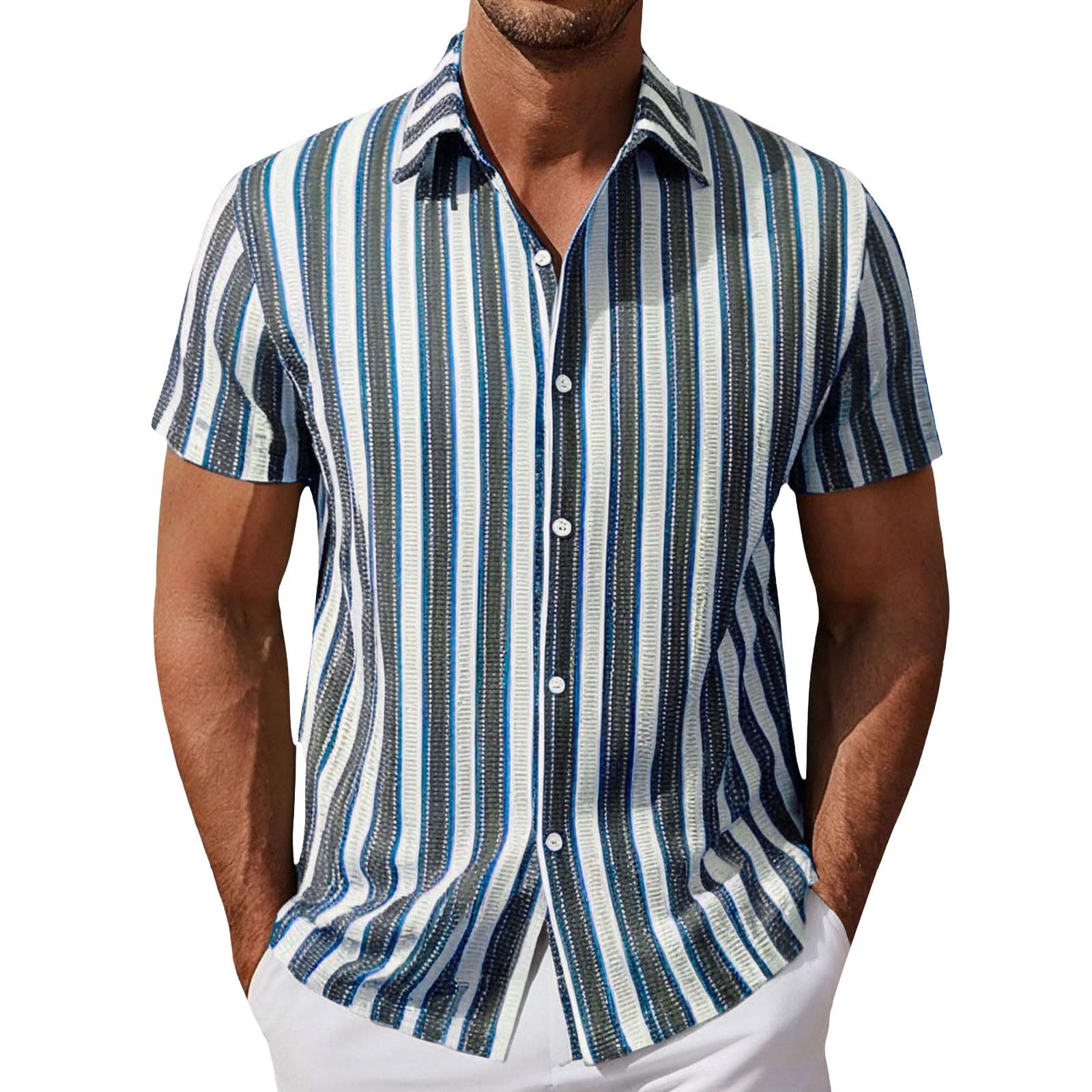 Generico Camicia Hawaiana da Uomo, per Il Tempo Libero, Tropicale, da Spiaggia, vestibilità Normale, per Feste Camicia Uomo Bianca e Nera Manica Corta