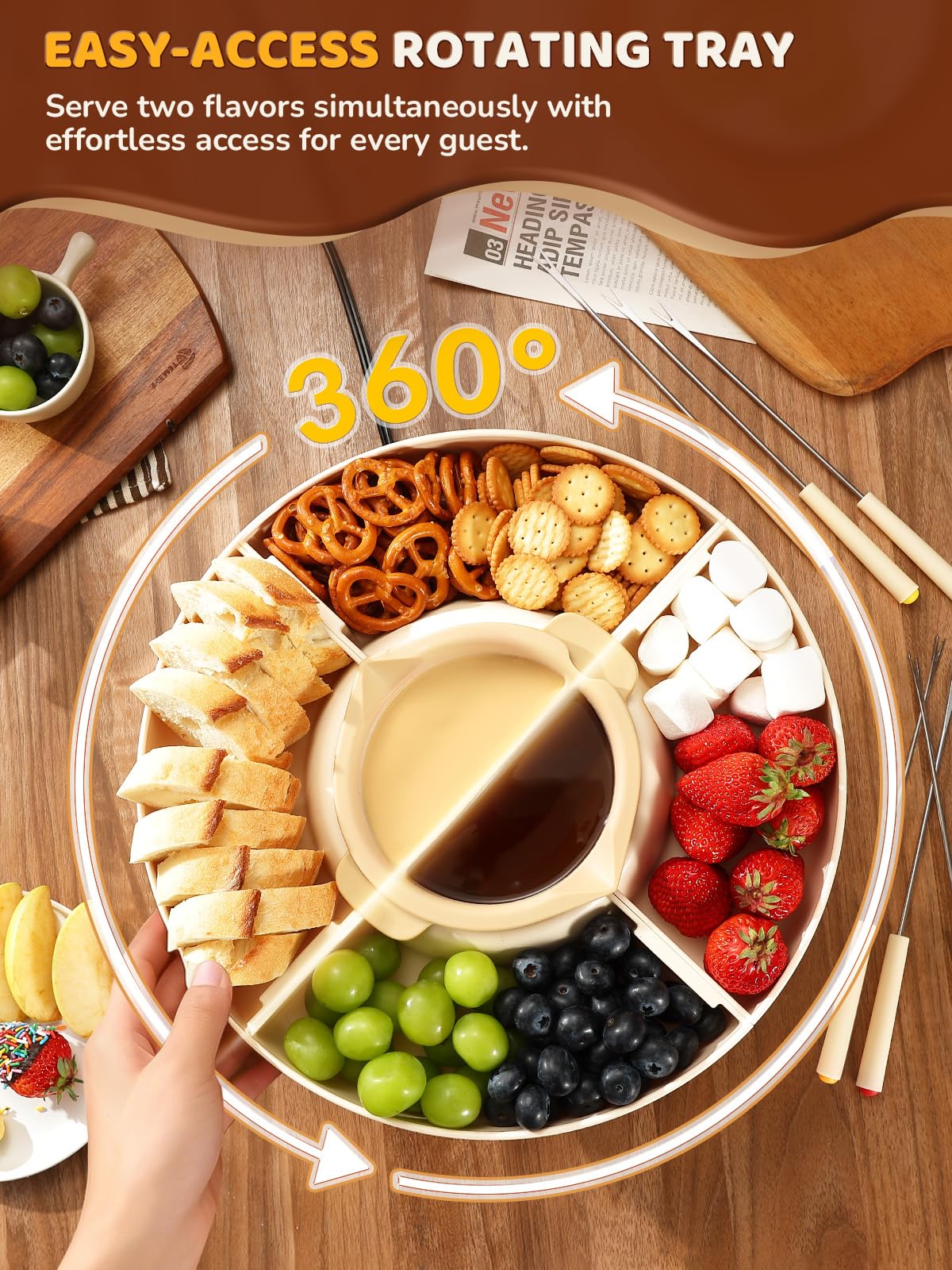 LUSHYUM Zestaw czekoladowych fondue, elektryczny ekspres do fondue, pojemność 4 filiżanek, 4 tacki, 5 widelców, 1 szpatułka, podgrzewacz sera, idealny prezent dla par, rodzin i