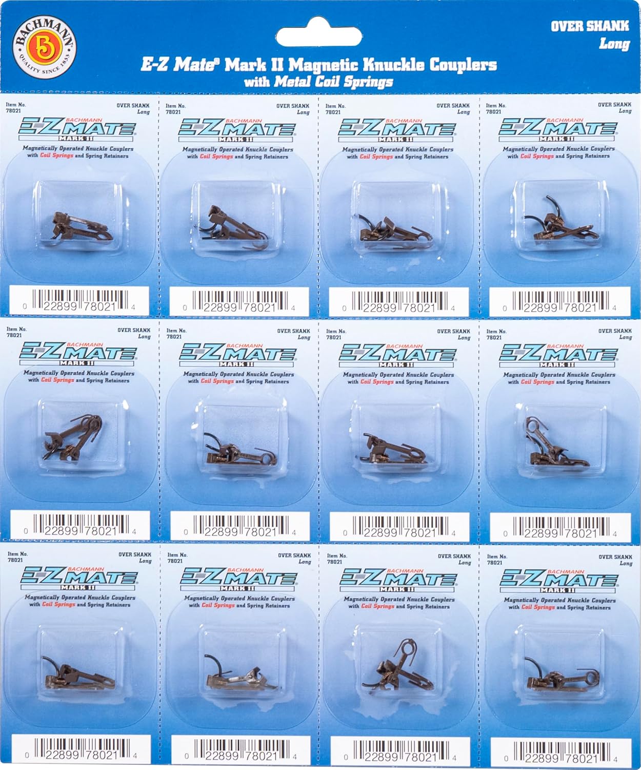 Bachmann Trains - E-Z MATE MARK II COUPLERS - MAGNETIC KNUCKLE COUPLERS with METAL COIL SPRING - OVER SHANK - LONG (12 pair/card) - HO Scale