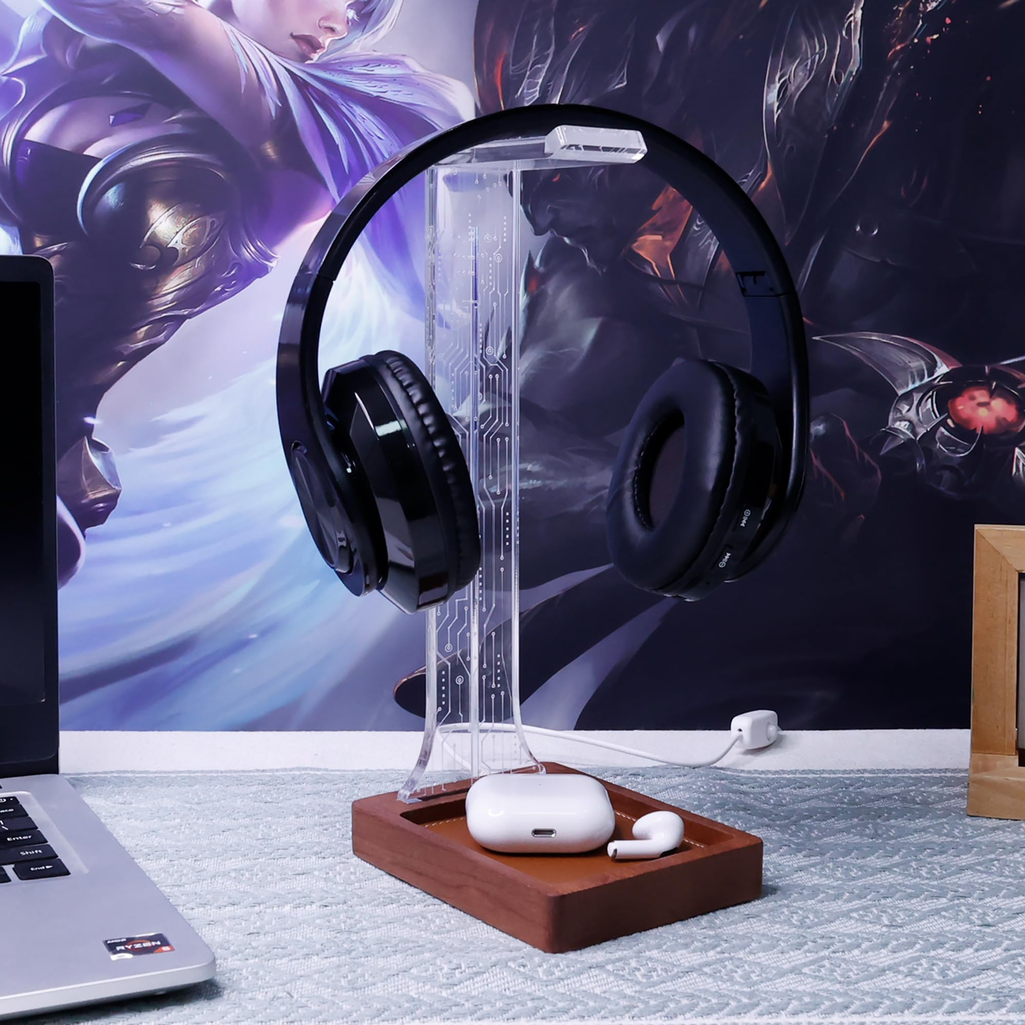 YuanDian Headphone Stand, Wood Headset Holder with Tray, Blue Pink LED Night Light for Gamers Men, and Music Lovers - Image 4