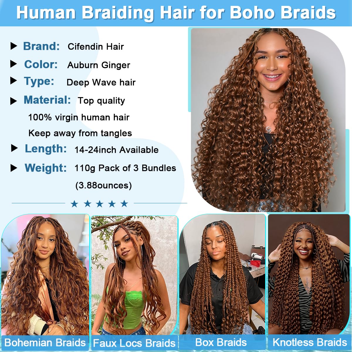 Human Braiding Hair for Boho Braids Human Hair 110g Curly Boho Bulk for Braiding Knotless 12A Deep Wave Bohemian 3 Bundles/Pack Color 30 Auburn Ginger 14 Inch