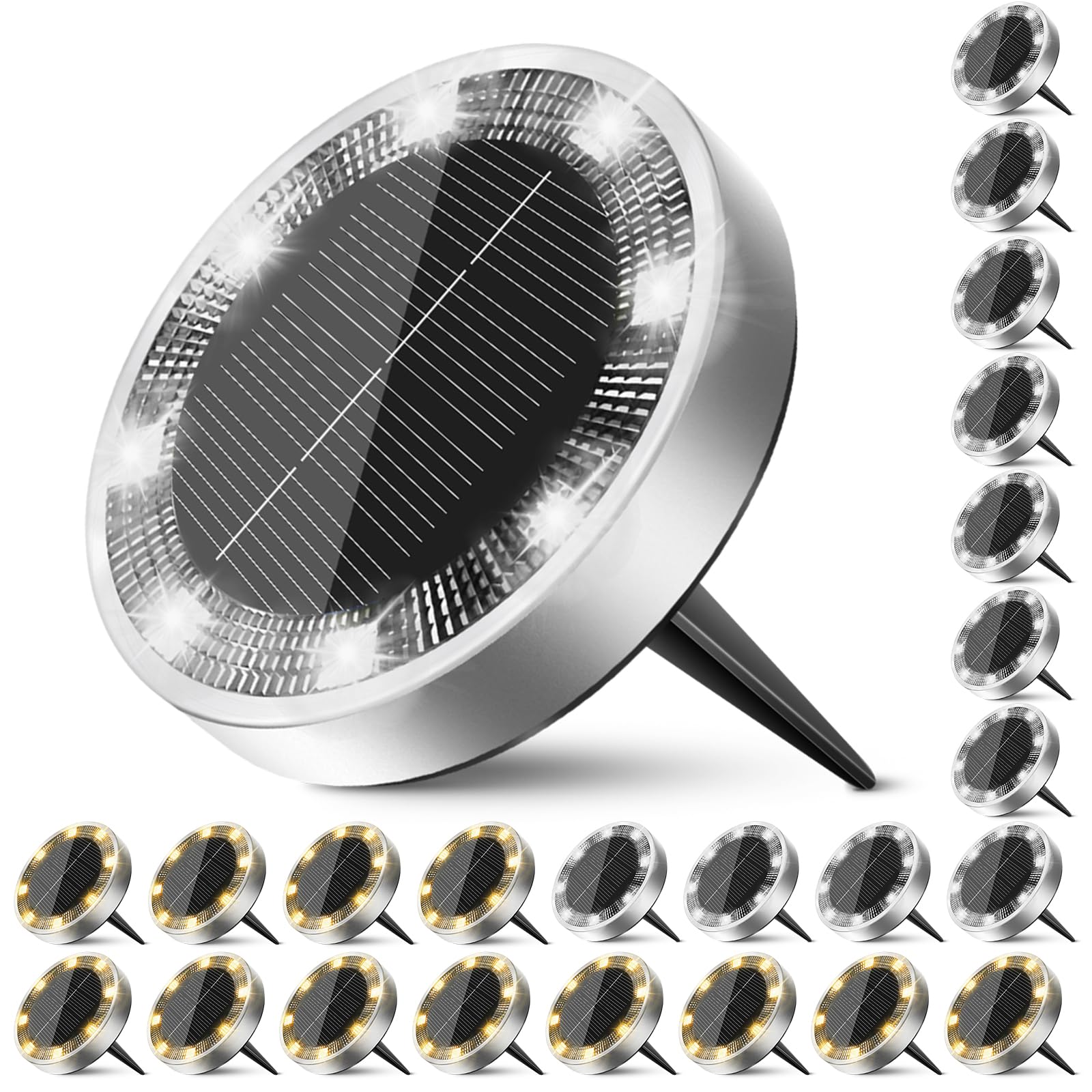 Peasur Solar Ground Lights Outdoor, 24 Pack Flat Solar Powered Disc Lights, IP68 Waterproof, Anti-Rust, Landscape Lighting for Pathway Garden Lawn Walkway Landscape Driveway, Warm White+Cool White