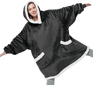 Bedsure Batamanta Bata Mujer Invierno - Batamanta Hombre Invierno Sherpa, Bata Manta Polar Mujer, Manta con Mangas Talla Grande, Hoodie Blanket 95x83cm,Negro