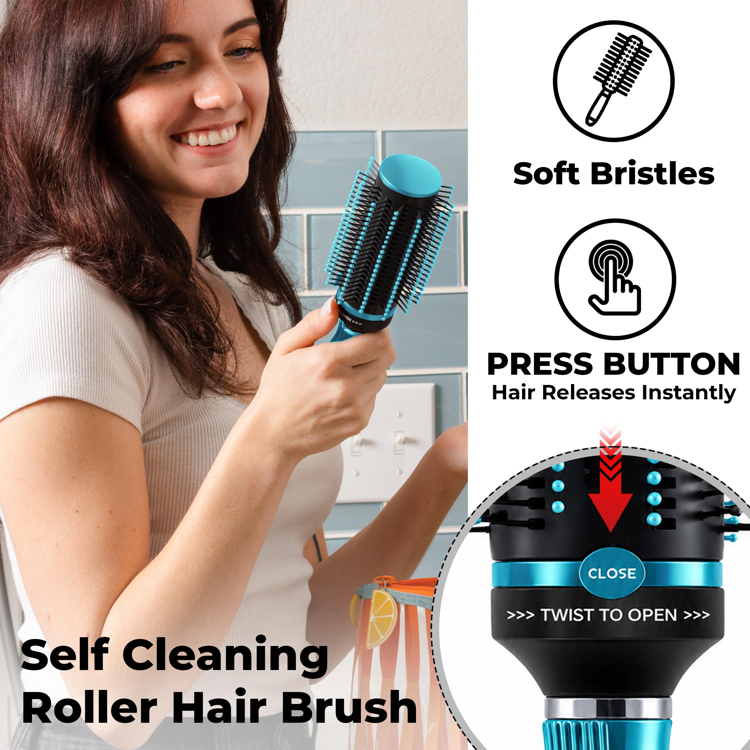 Shop LC - Peine de cepillo para el cabello con autolimpieza azul, cepillo desenredante redondo para soplar, cepillos de pelo con rodillo fáciles de limpiar para mujeres