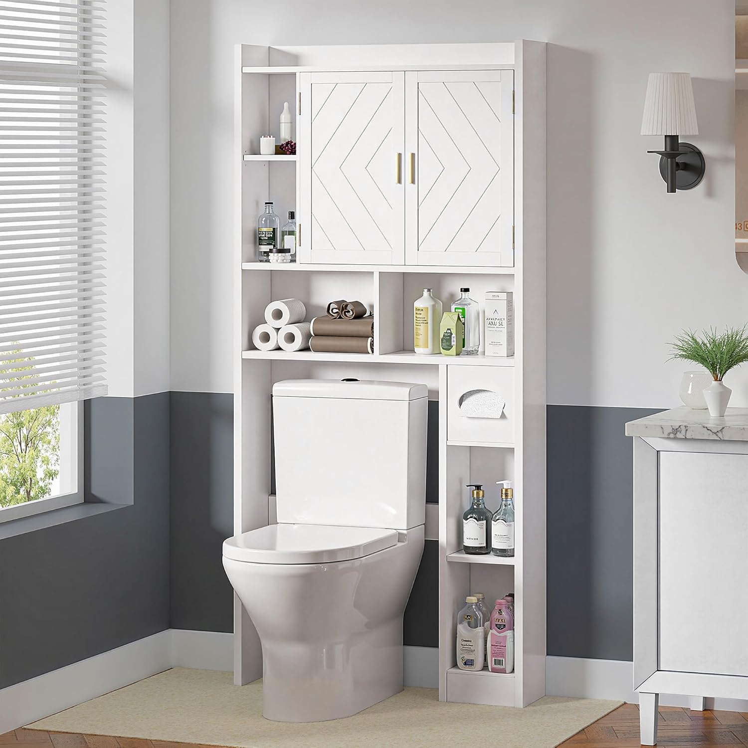 VECELO Over The Toilet Storage Cabinet, Storage Cabinet Over Toilet with 2 Barn Door & Toilet Paper Holder Stand，Home Space-Saving Toilet Rack, for Bathroom, Restroom, Laundry, White