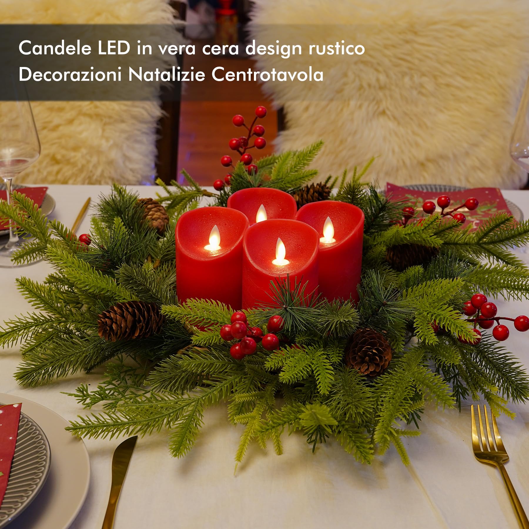 Fanna 4 Candele Rosse Natalizie LED Fiamma Oscillante con Telecomando e Batterie, Candele Avvento con Timer per Natale Uso Interno - Ø 7,5cm x H 12,5 cm