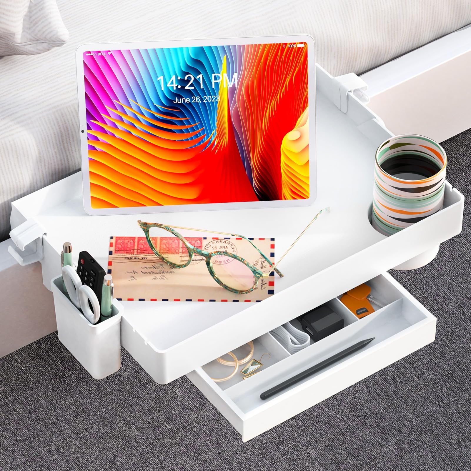 SOLEJAZZBedside Shelf for Bed, Foldable Bunk Bed Shelf Clip On Nightstand Tray College Dorm Room Essential Table Caddy with Drawer, Cup & Cord Holder for Top Bunk Organizer Bedroom Nightstand, White