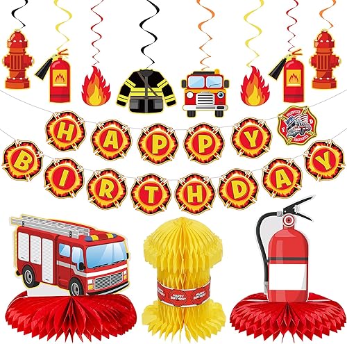 Outus 28 piezas de suministros para fiesta de cumpleaños de camión de bomberos, decoraciones de cumpleaños incluyen 1 pancarta de camión de