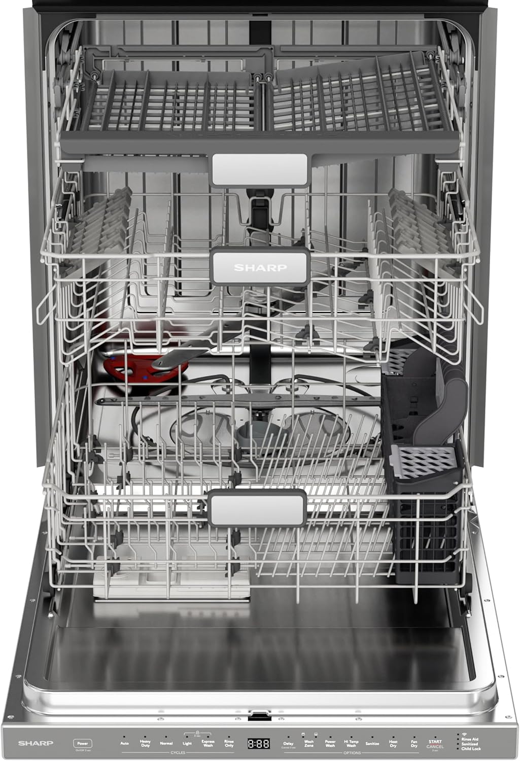 SHARP SDW6767HS Smart Dishwasher Works with Alexa. Includes LED Interior lights, Stainless Steel interior, Heated Dry with Fan Assist, Wash Zone cleans half load on either rack, Adjustable Third Rack
