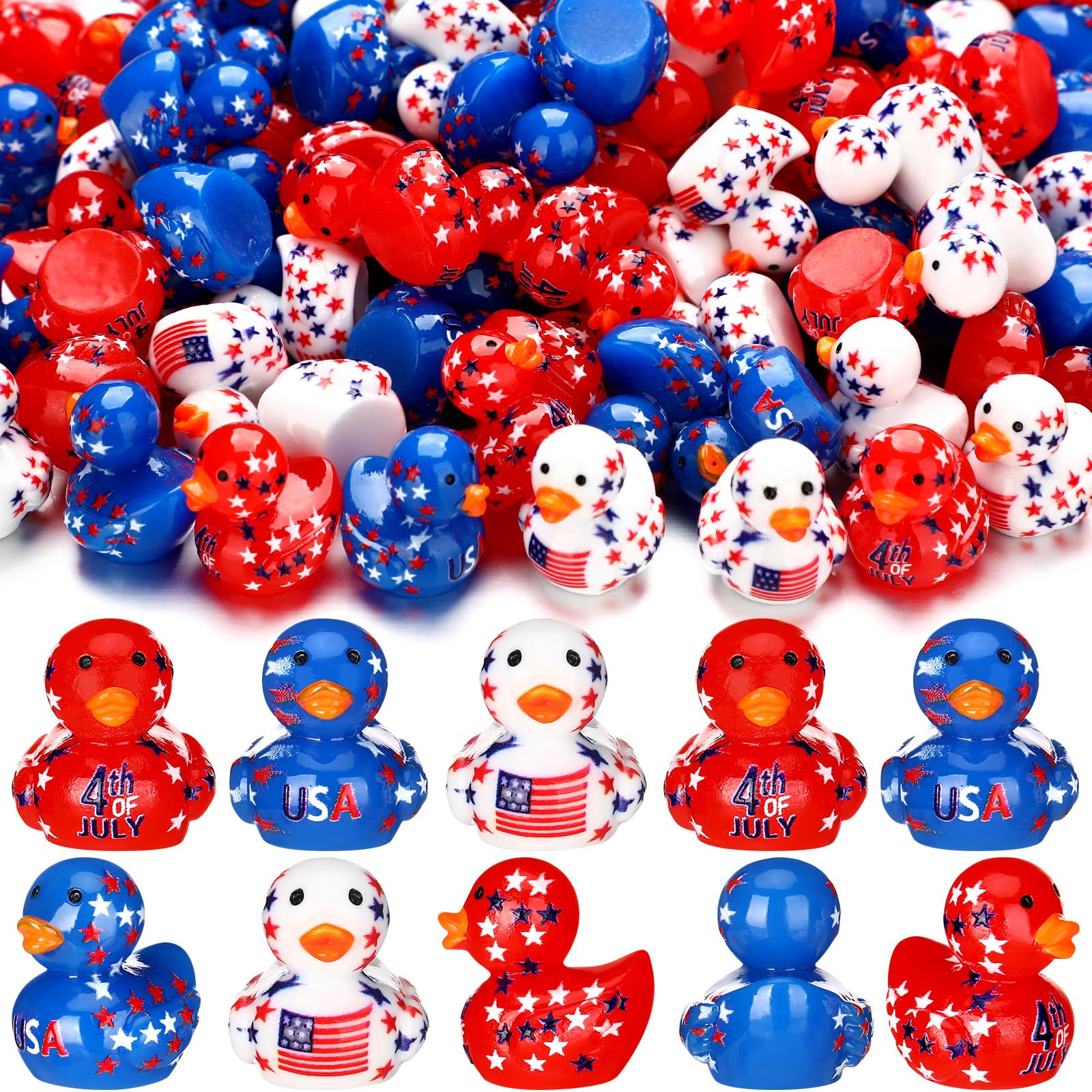 Weysat 60 Pcs Patriotic Mini Resin Ducks with Hat Sunglasses Bow Tie 4th of July Resin Ducks Red White Blue Miniature Ornaments Decoration Tabletop Shelf Centerpieces for 4th of July Gifts Party