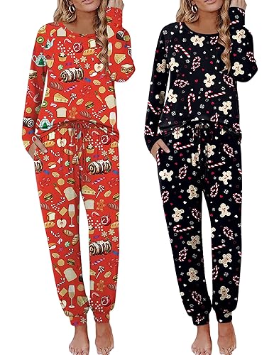 Ekouaer 2 Pack Womens Pajamas Set Long Sleeve Sleepwear Top and Jogger Pants Lounge Sets Cozy Pjs Loungewear S-XXL - Large - Christmas Food+christmas Gingerbread