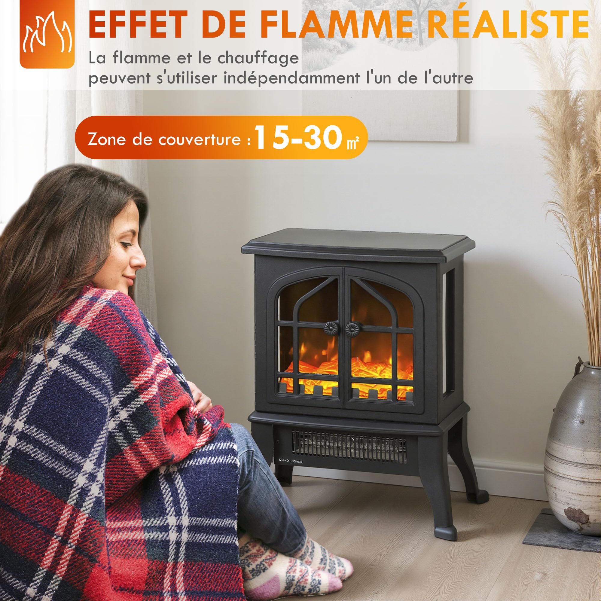HOMCOM Cheminée électrique avec Effet Flamme 3D 1800/900 W sur Pied Noir