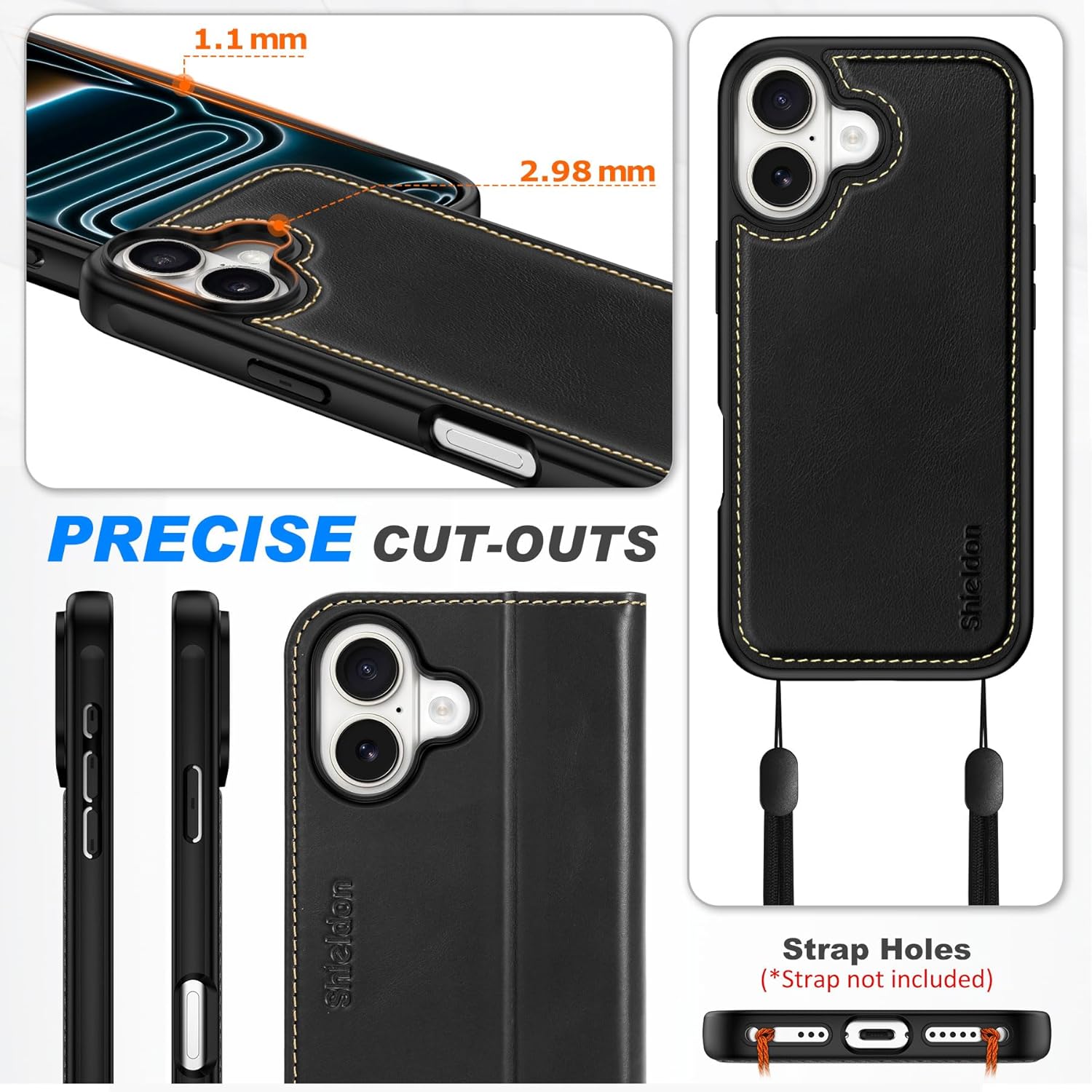 SHIELDON 2-in-1 Case Wallet for iPhone 17 6.3-inch 2025 | Genuine Leather | Folio Magnetic Closure| Wireless Charging | RFID Blocking Card Holder | Kickstand | Shockproof Cover | Retro Black