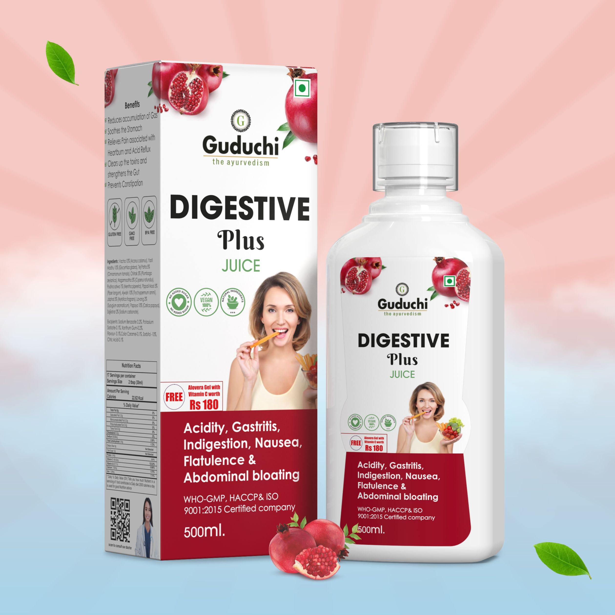 Guduchi Ayurveda Digestive Plus Juice : Soothes Stomach, Reduces Gas, Prevents Constipation with Vacha, Nagarmootha, Pudina Satwa Extracts | 500ML With (FREE Aloe Vera Gel with the Power of Vitamin C)