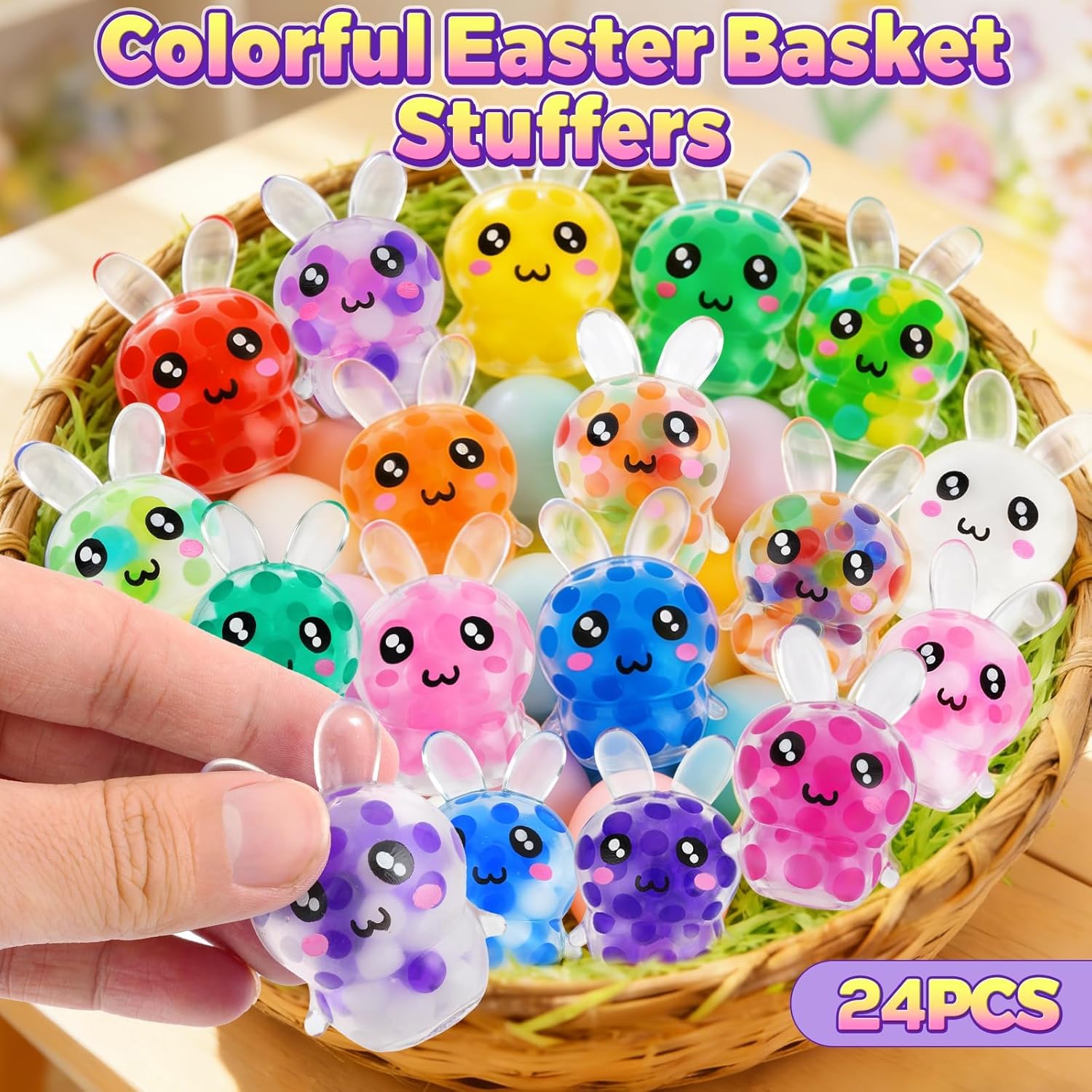 Easter Egg Fillers, 24Pcs Bunny Easter Squishies Mini Squeeze Toys, Non-Candy Easter Egg Basket Stuffers Party Favors Bulk for Teens Adults