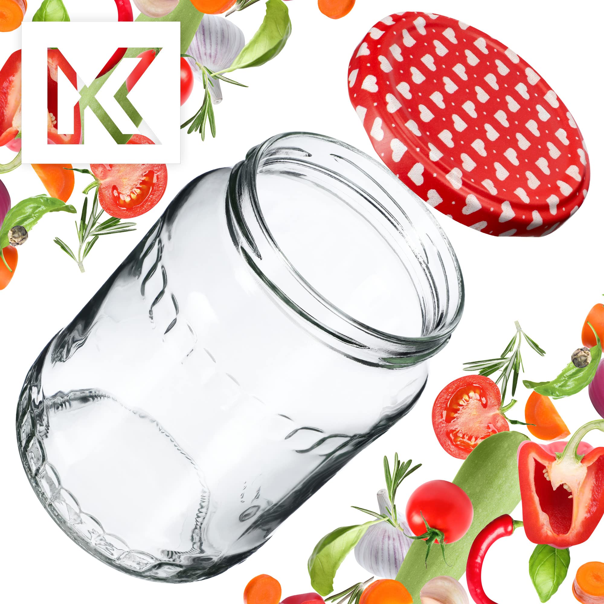 KADAX Zestaw 48 szt. słoików szklanych do przetworów 720 ml z zakrętką TO 82, do wekowania i przechowywania, wzór serce