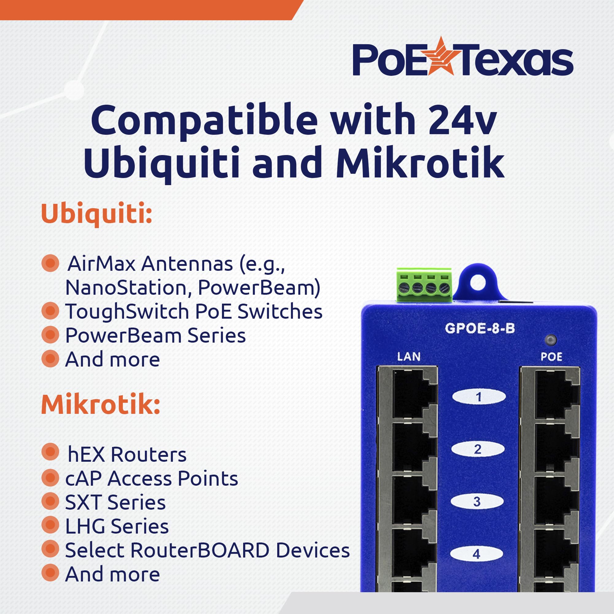Wt-gpoe-8b Gigabit Injecteur PoE, 8 ports Gigabit PoE Injecteur pour 24 V Mikrotik et Ubiquiti appareils – Bloc d'alimentation non inclus