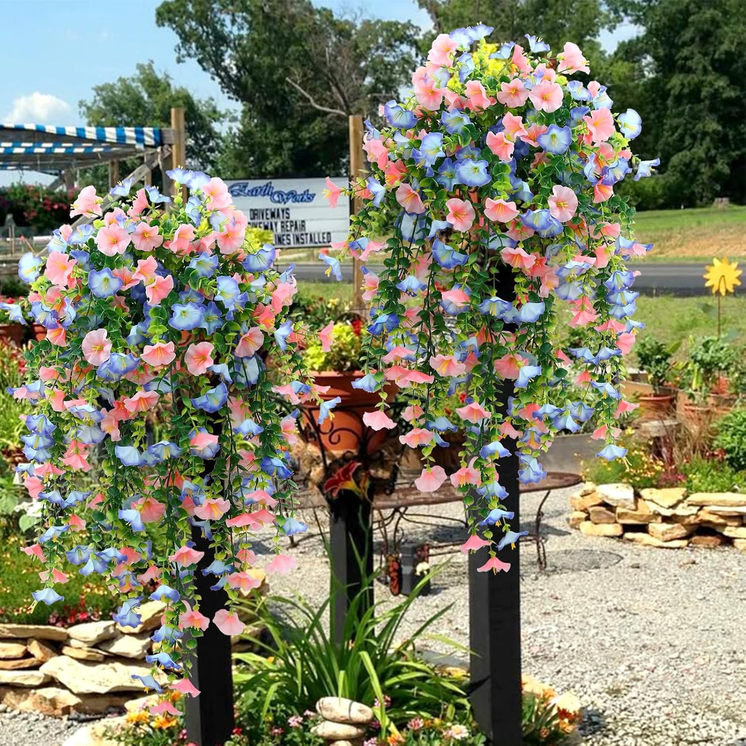 Artificial Hanging Flowers Fake Plants for Outdoors Decor 2 Pack Faux Silk Morning Glory with Eucalyptus UV Resistant for Outside Home Indoor Planter Porch Patio Balcony Yard Decor (Pink & Blue) - Image 8