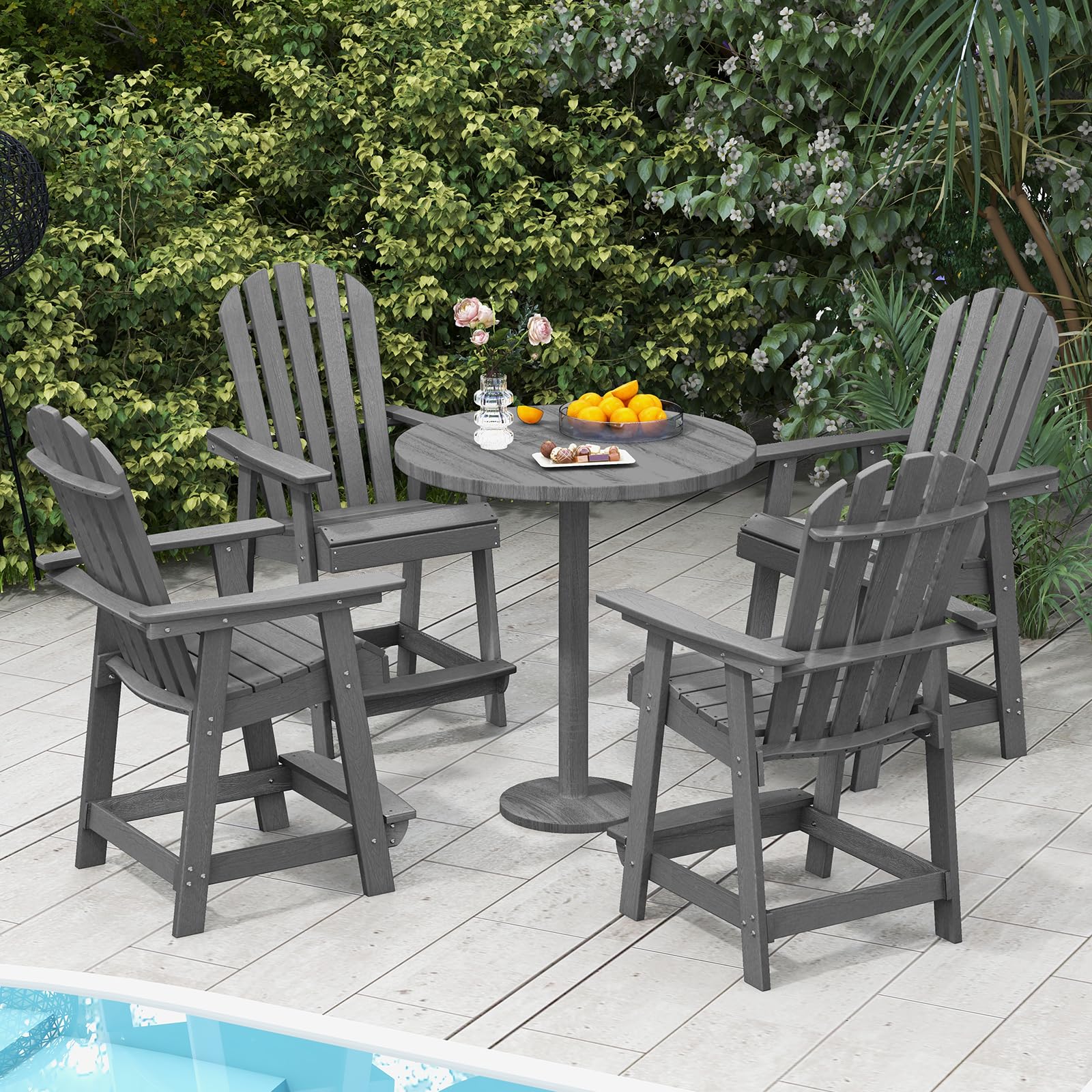 COSTWAY Hoher Adirondack Stuhl mit Fußstütze, wetterfester Barhocker aus HDPE, Balkonstuhl mit Armlehne, Outdoor Adirondack Chair für Garten, Terrasse (Grau)