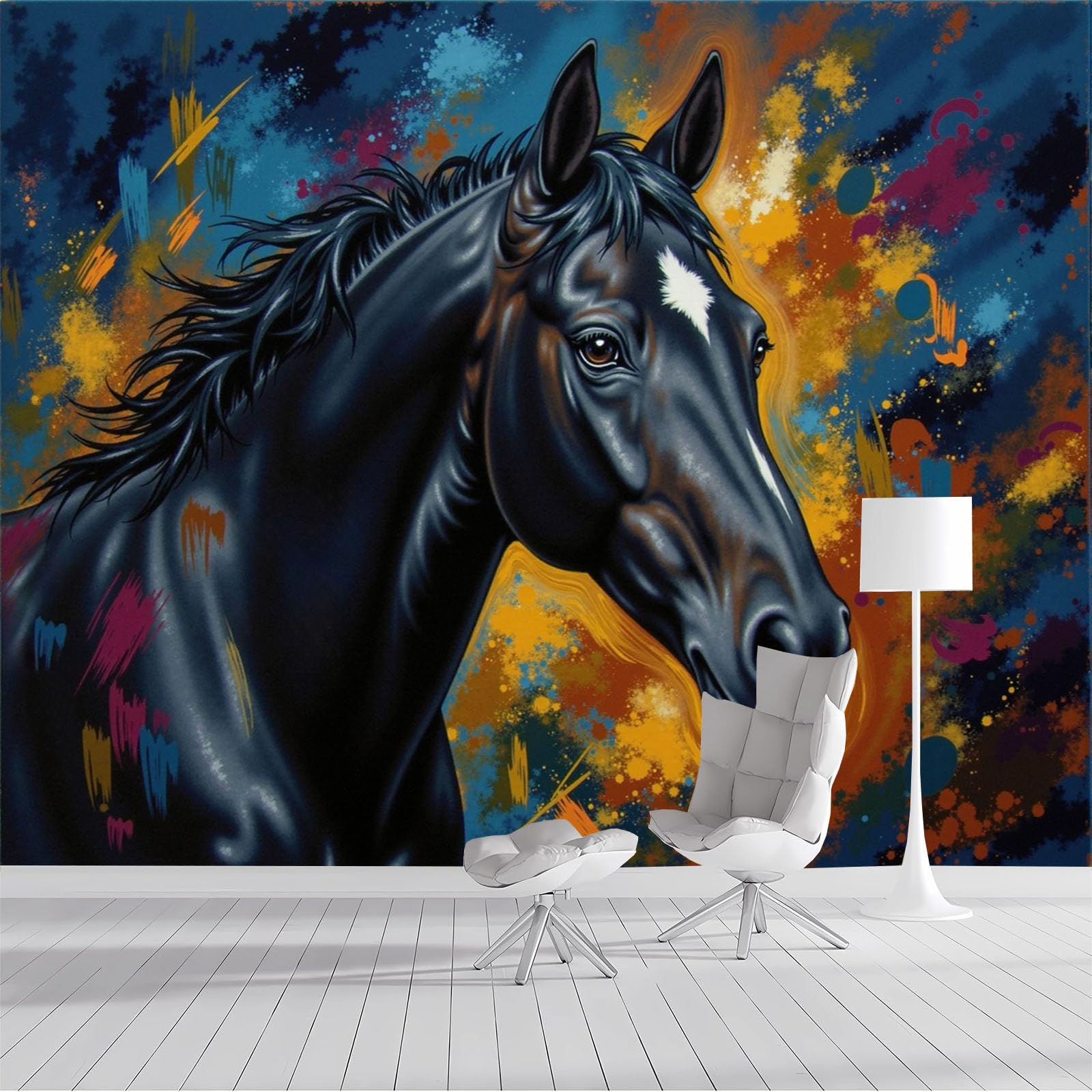 Fresque murale tapisserie art animalier moderne avec cheval abstrait bleu foncé 400x280