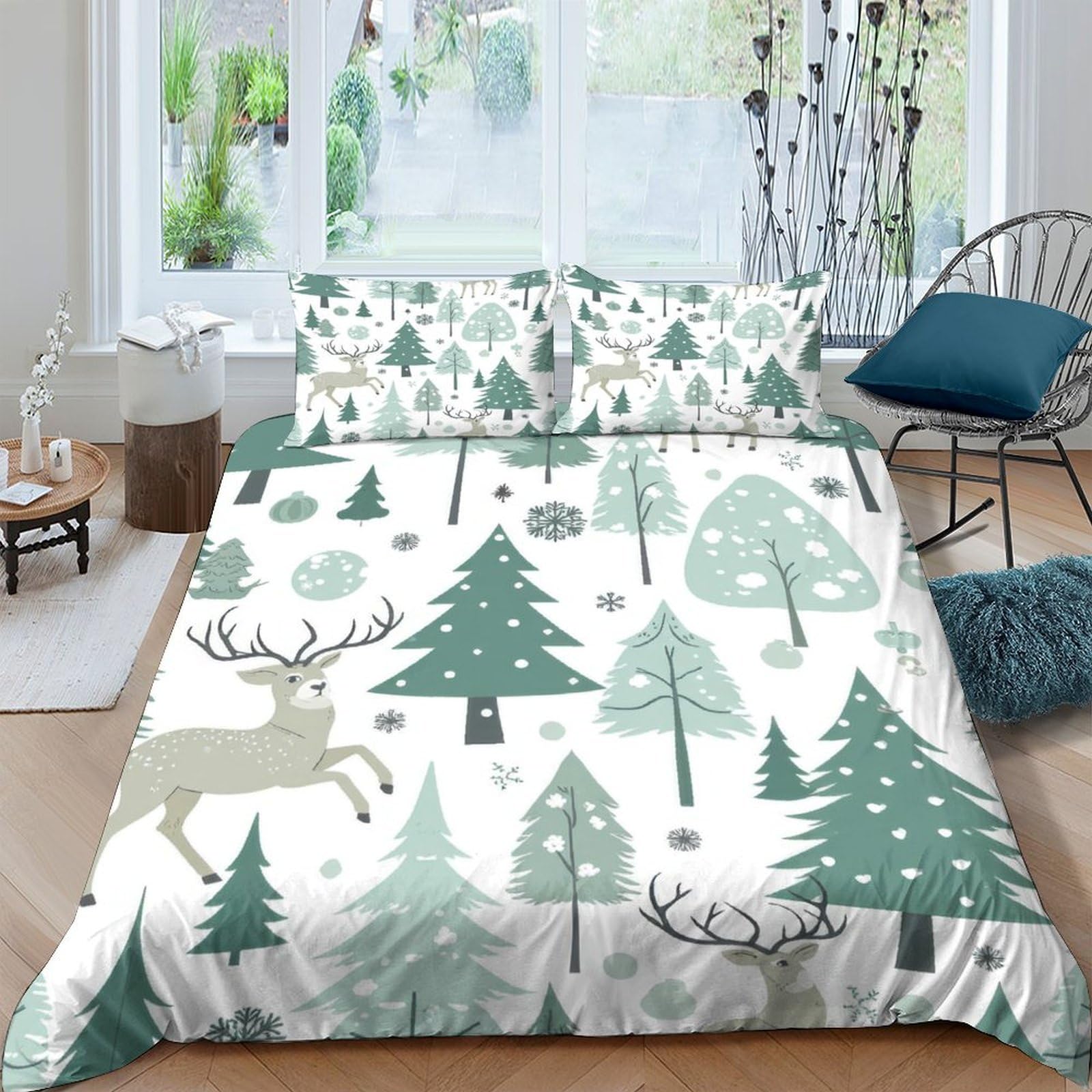 Ctjqhvkz Style-2 3D Printed Forest Elk Fitted Sheet Microfiber Soft Green Pine Tree Mattress Cover For Bedroom Guest Room Dorm Decor Single（135X200cm）